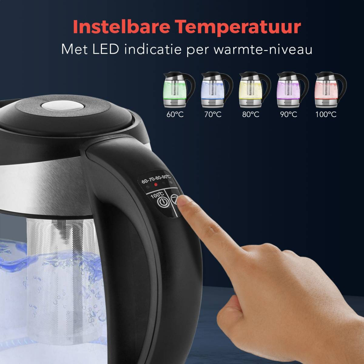 A dark gray electric kettle on a black base, a black handle, and a blue light indicator.