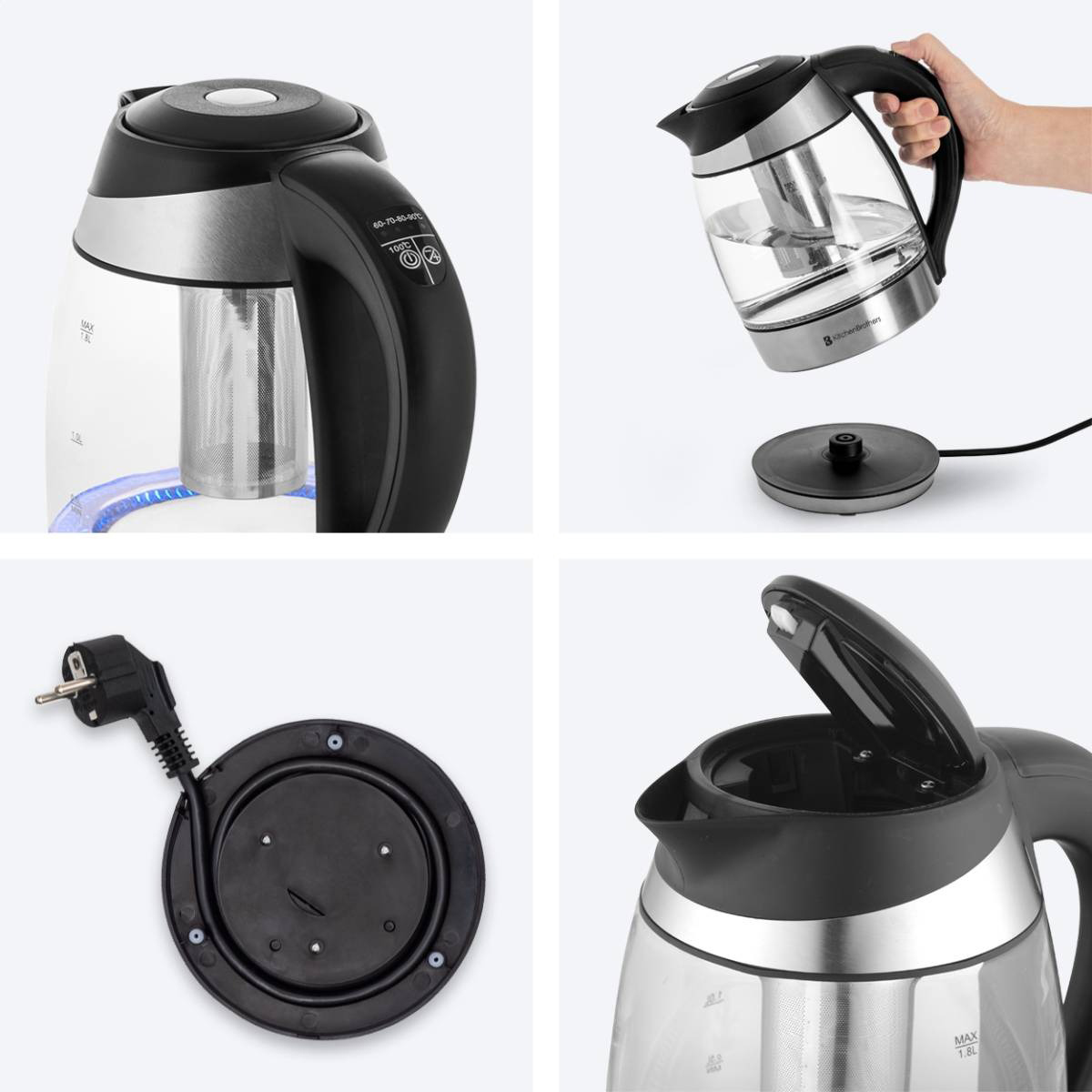 Four images of a glass tea kettle with a black handle and base. Features are shown.