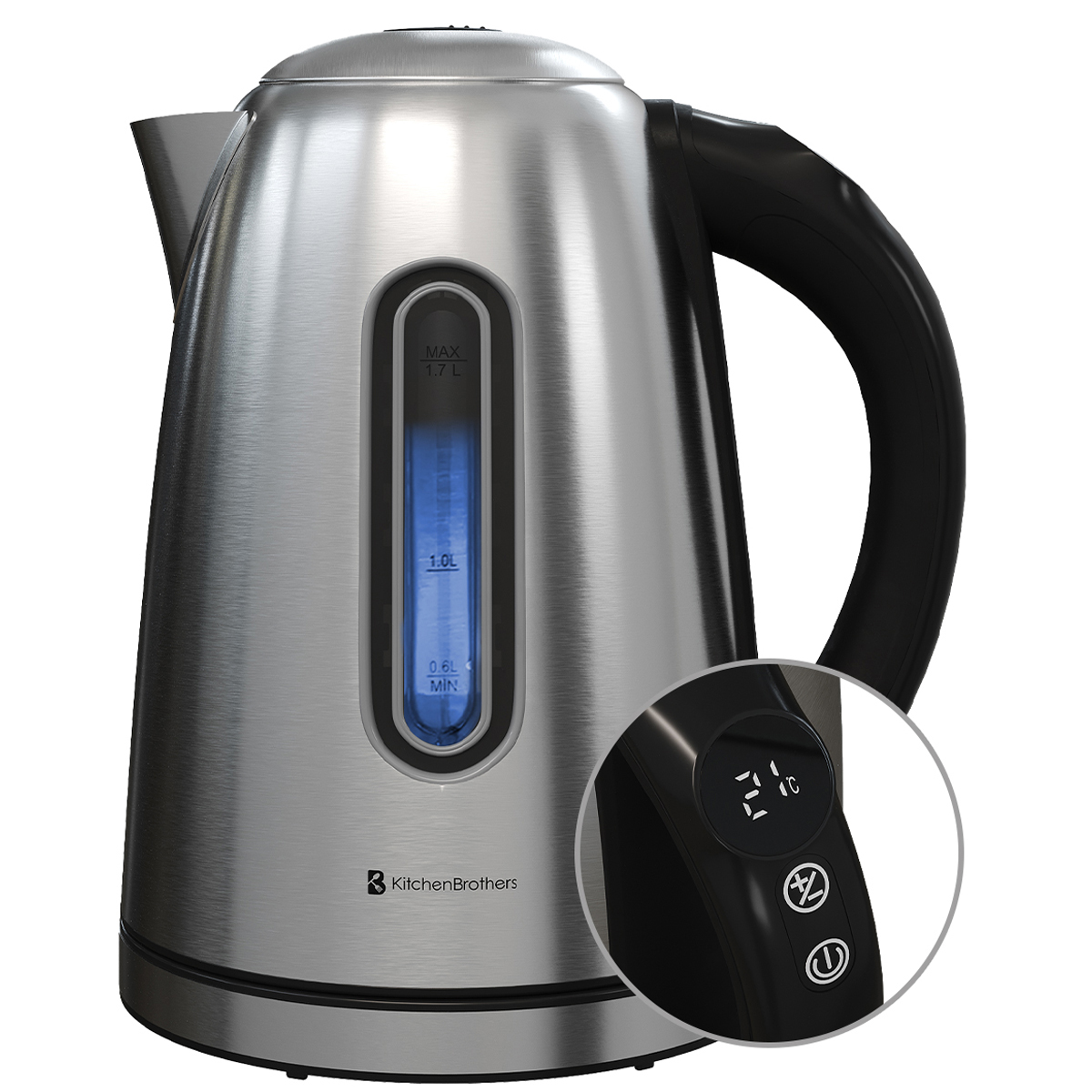 Silberner Wasserkocher mit schwarzem Griff und digitaler Temperaturanzeige.