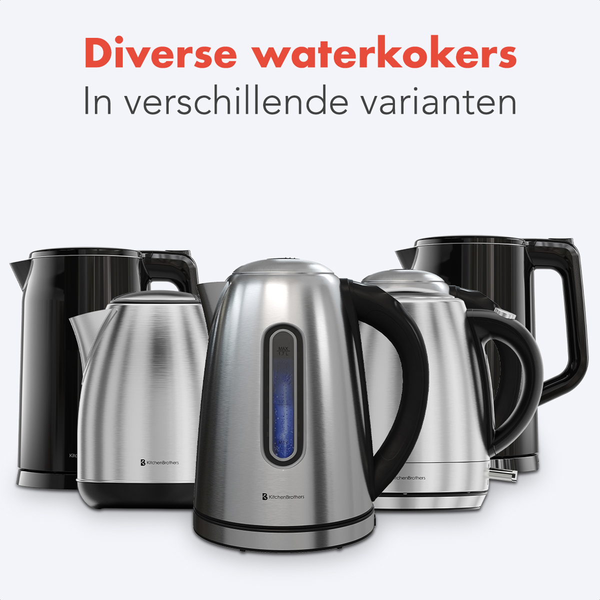 Fünf Wasserkocher in verschiedenen Designs und Farben. Die Wasserkocher stehen auf weißem Hintergrund. Text weist auf verschiedene Wasserkocher hin.