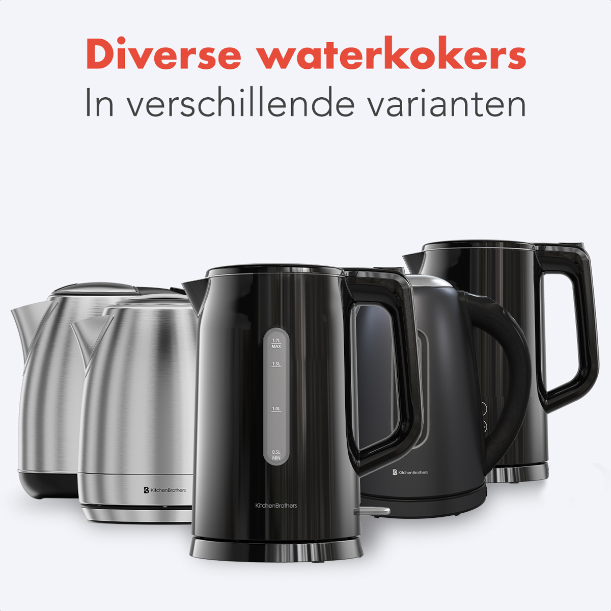 Verscheidenheid aan elektrische waterkokers in verschillende ontwerpen. Tekst: "Diverse waterkokers" in verschillende stijlen.
