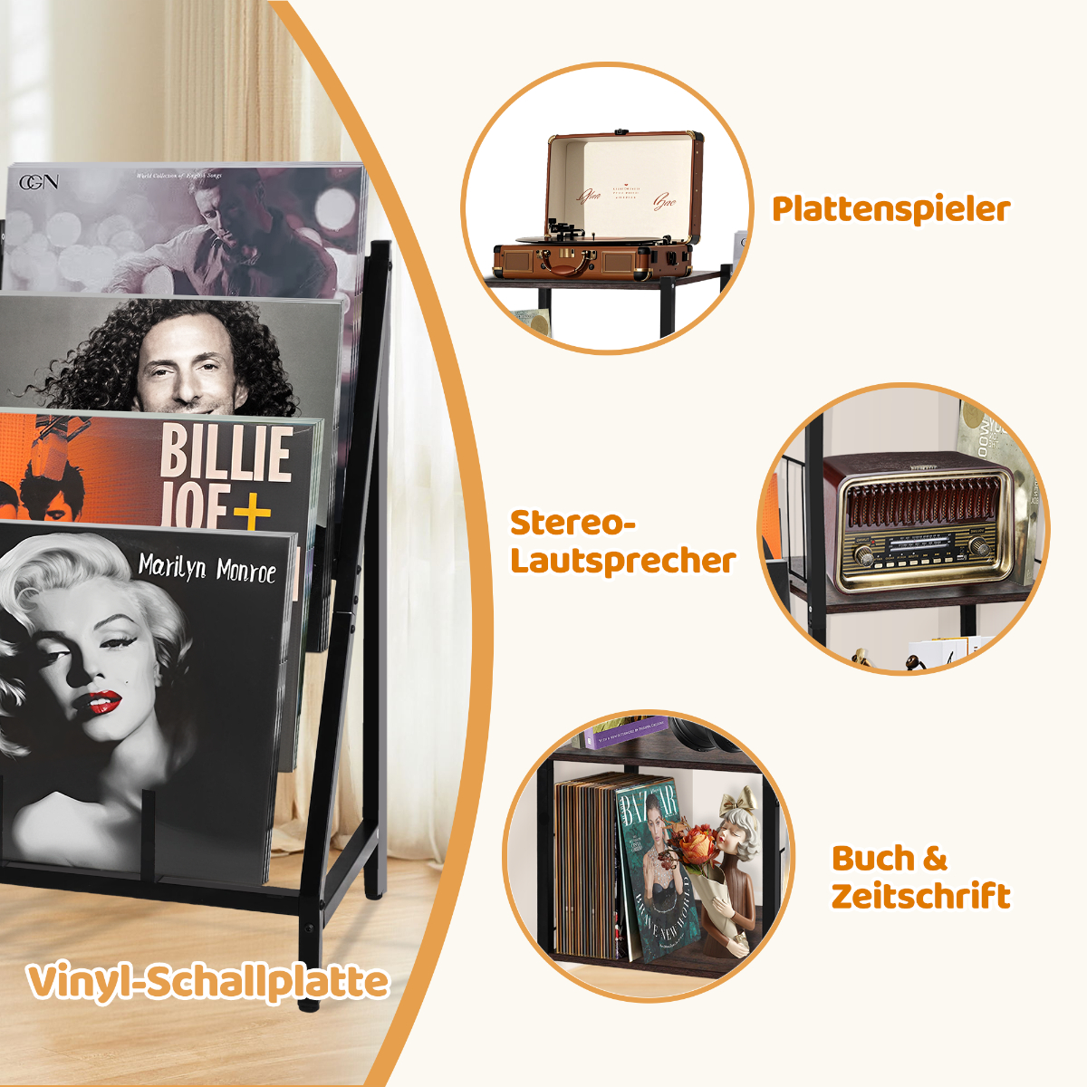 Vinylplatten in einem Ständer, ein Plattenspieler, ein Radio und Bücher sind sichtbar.