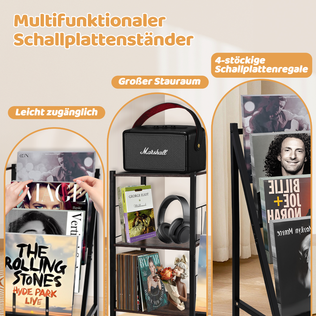Regal mit Schallplatten, Büchern und einem schwarzen Lautsprecher darauf.
