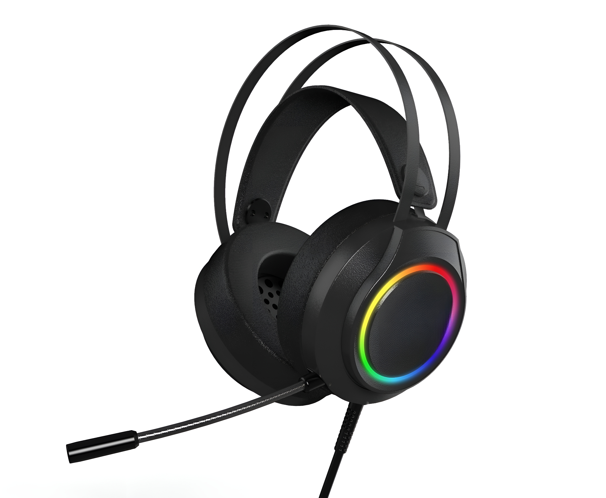Schwarzes Gaming-Headset mit Mikrofon und RGB-Beleuchtung an den Ohrmuscheln.