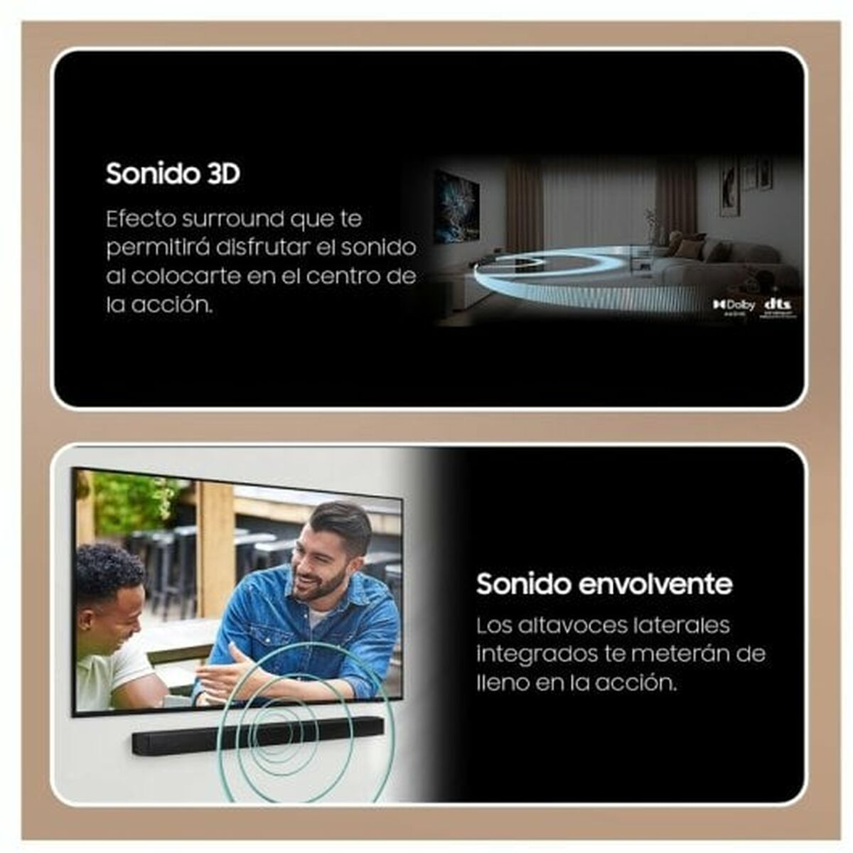 Image avec texte expliquant le son 3D et le son surround avec des exemples visuels.