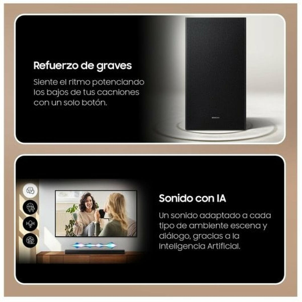 Deux images sur la barre de son Samsung. Texte : Amplification des basses et son IA. Barre de son et caisson de basses visibles.