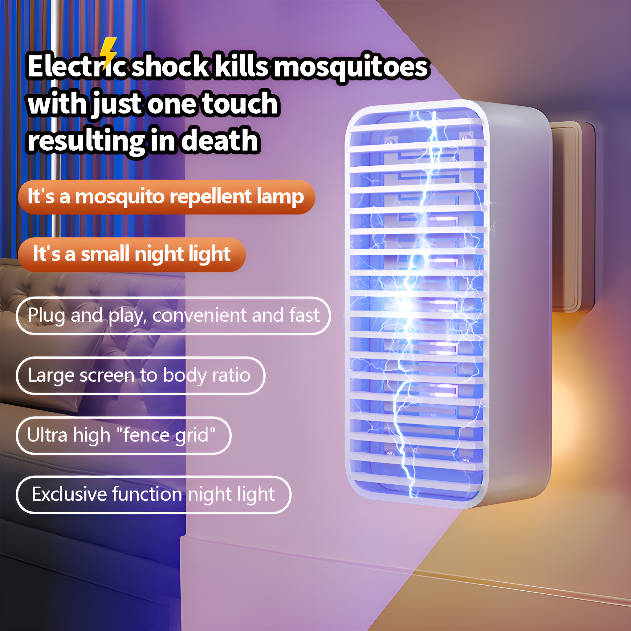 Eine weiße Mückenabwehrlampe mit blauem Licht, Text betont ihre Funktionen.