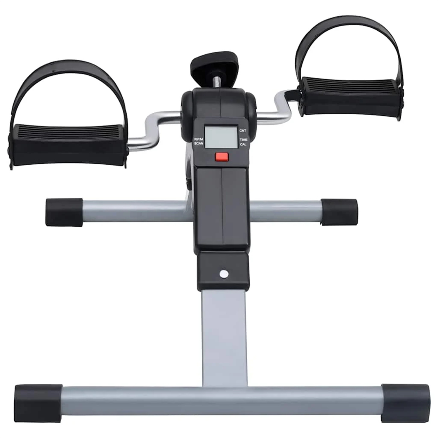 Heimtrainer für Beine, schwarze Pedale, grauer Rahmen. Hintergrund: weiß.