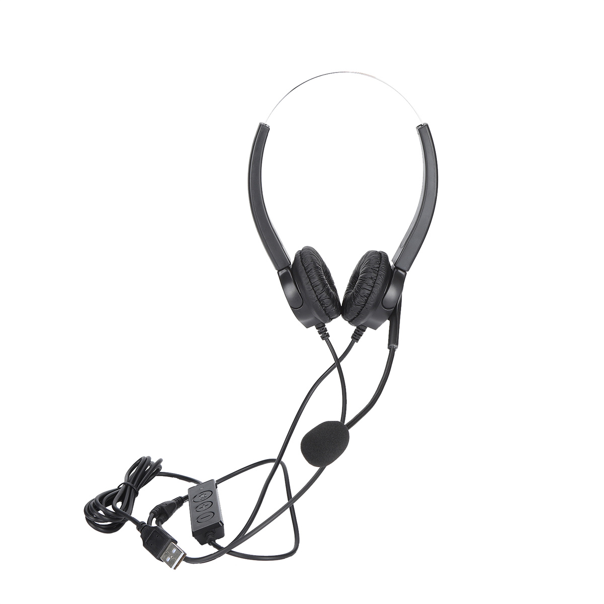 Schwarzes USB-Headset mit Mikrofon. Das Headset hat Ohrmuscheln und ein Bedienfeld.