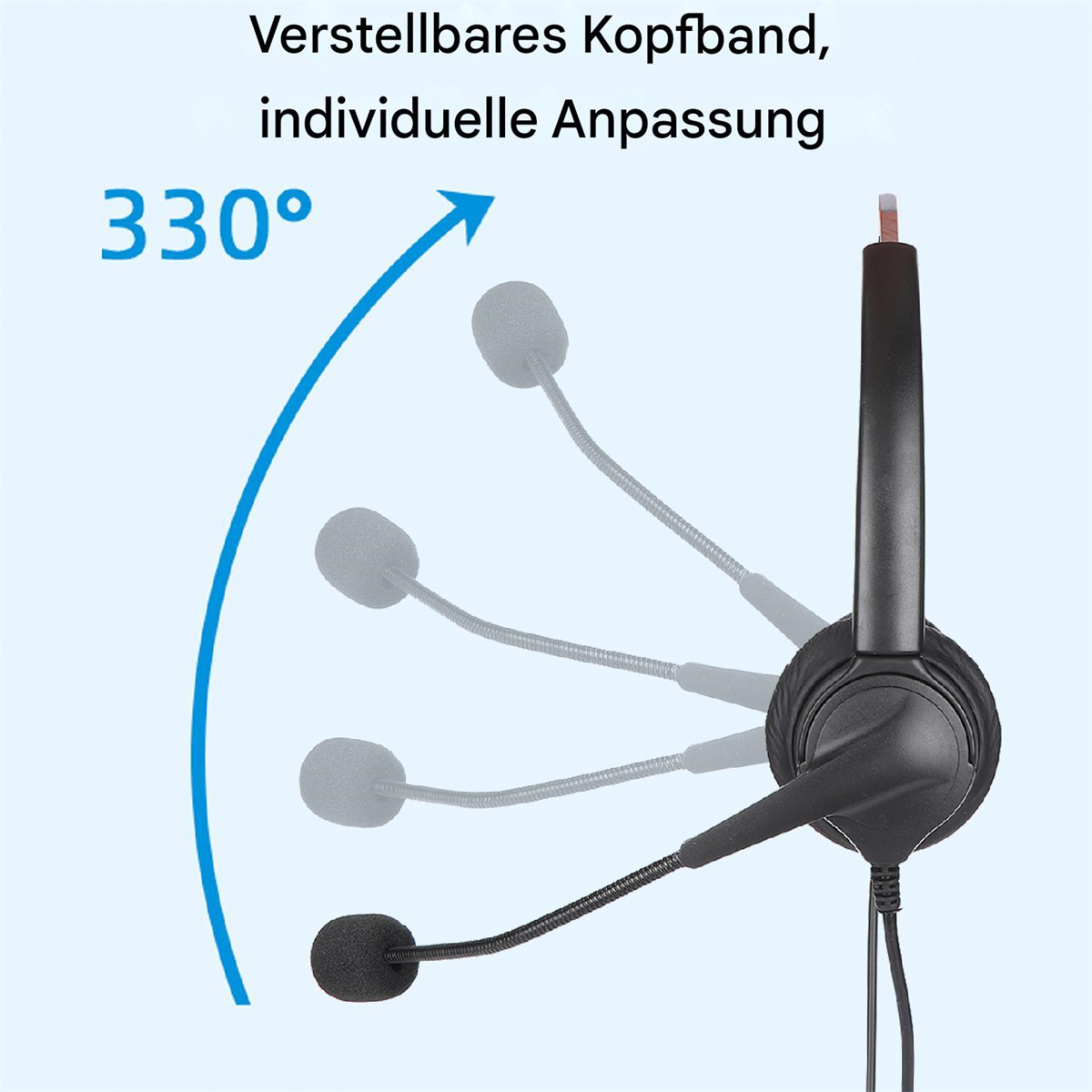 Ein schwarzes Headset mit flexiblem Mikrofon, gezeigt mit einer 330-Grad-Drehung.
