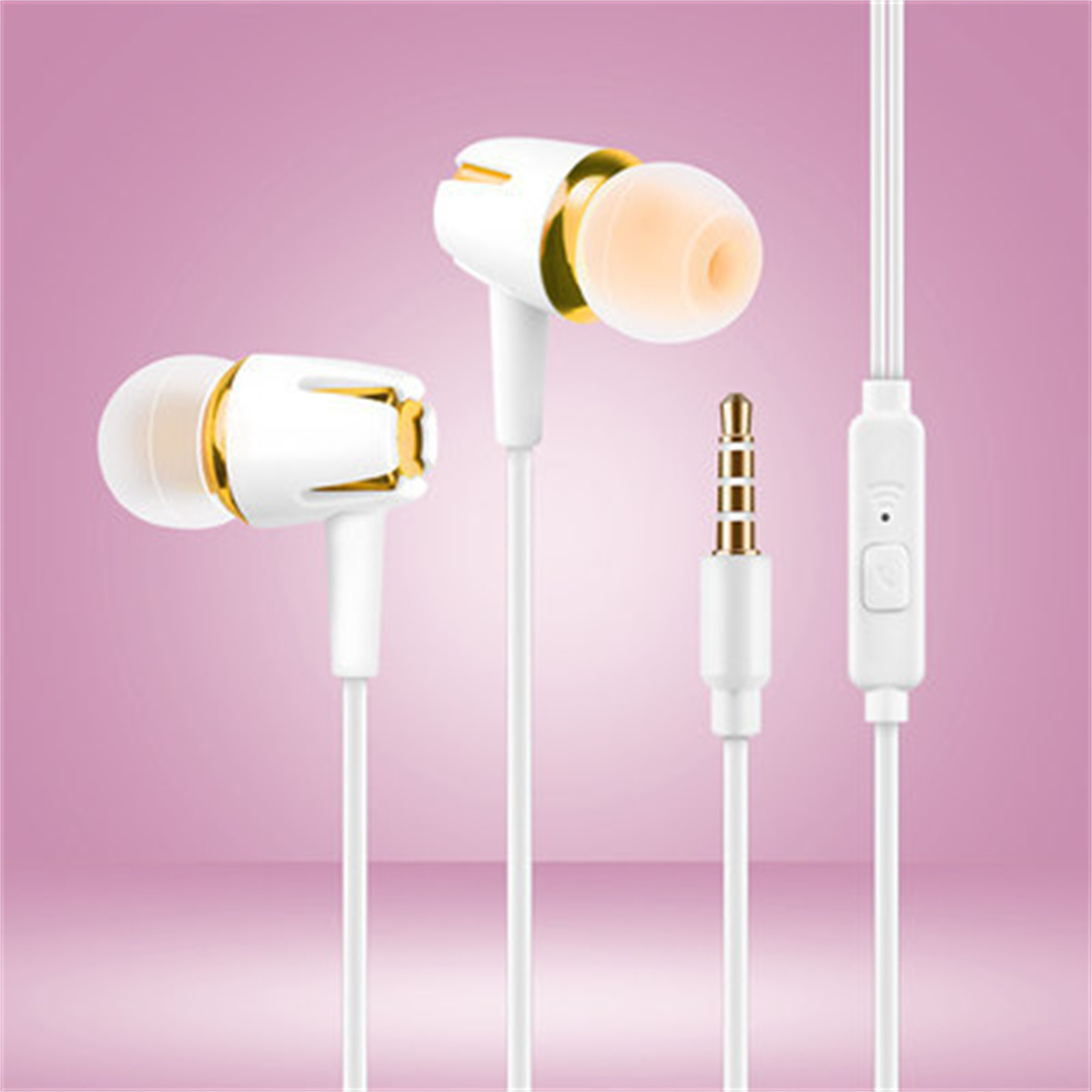 Weiße und goldene Ohrhörer mit Mikrofon und weißem Kabel auf rosa Farbverlauf.