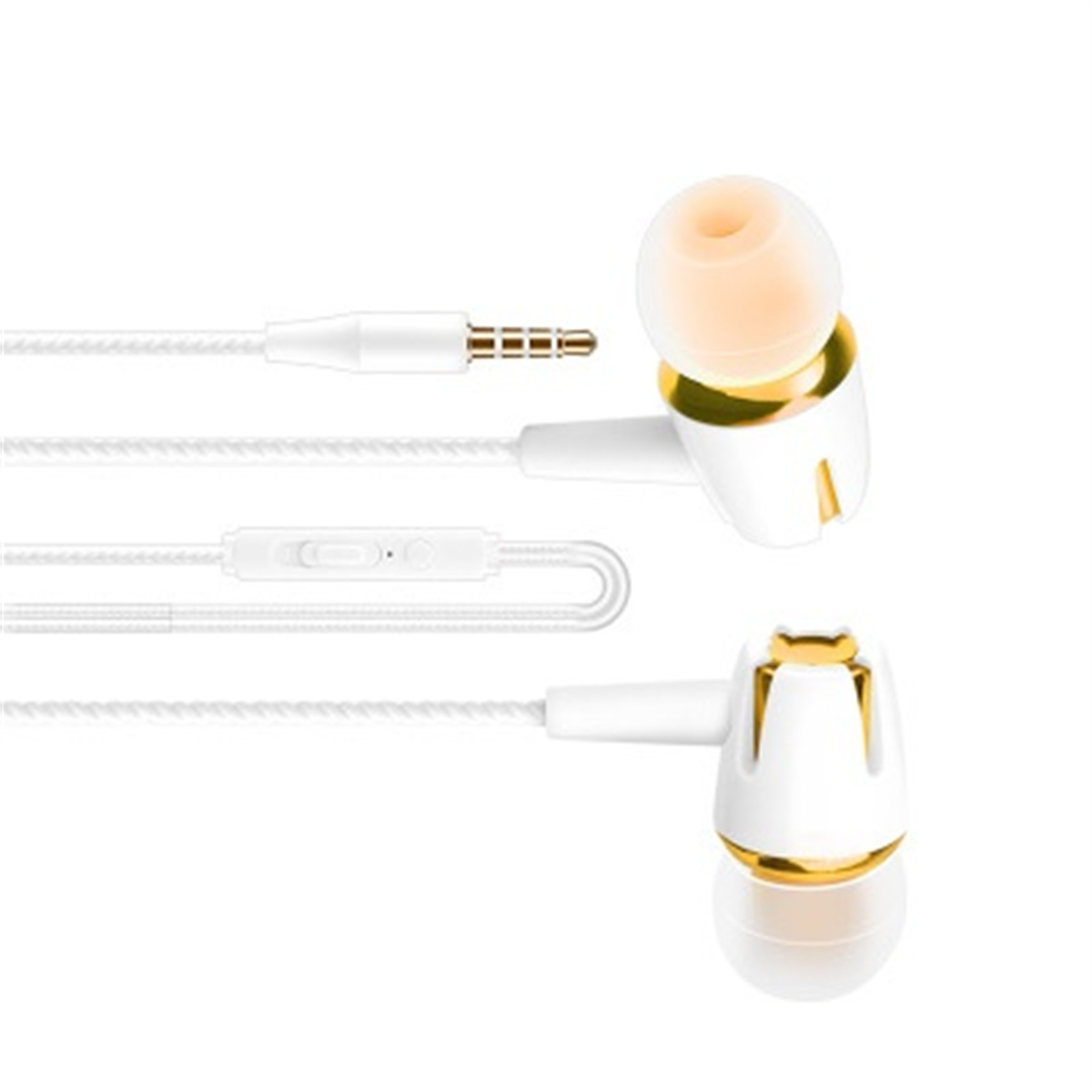 Weiße und goldene Ohrhörer mit weißem Kabel und Controller.
