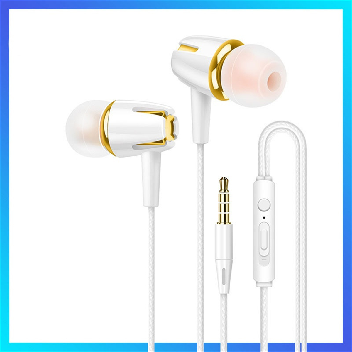 Weiße und goldene Ohrhörer mit weißem Kabel und einer Steuertaste.