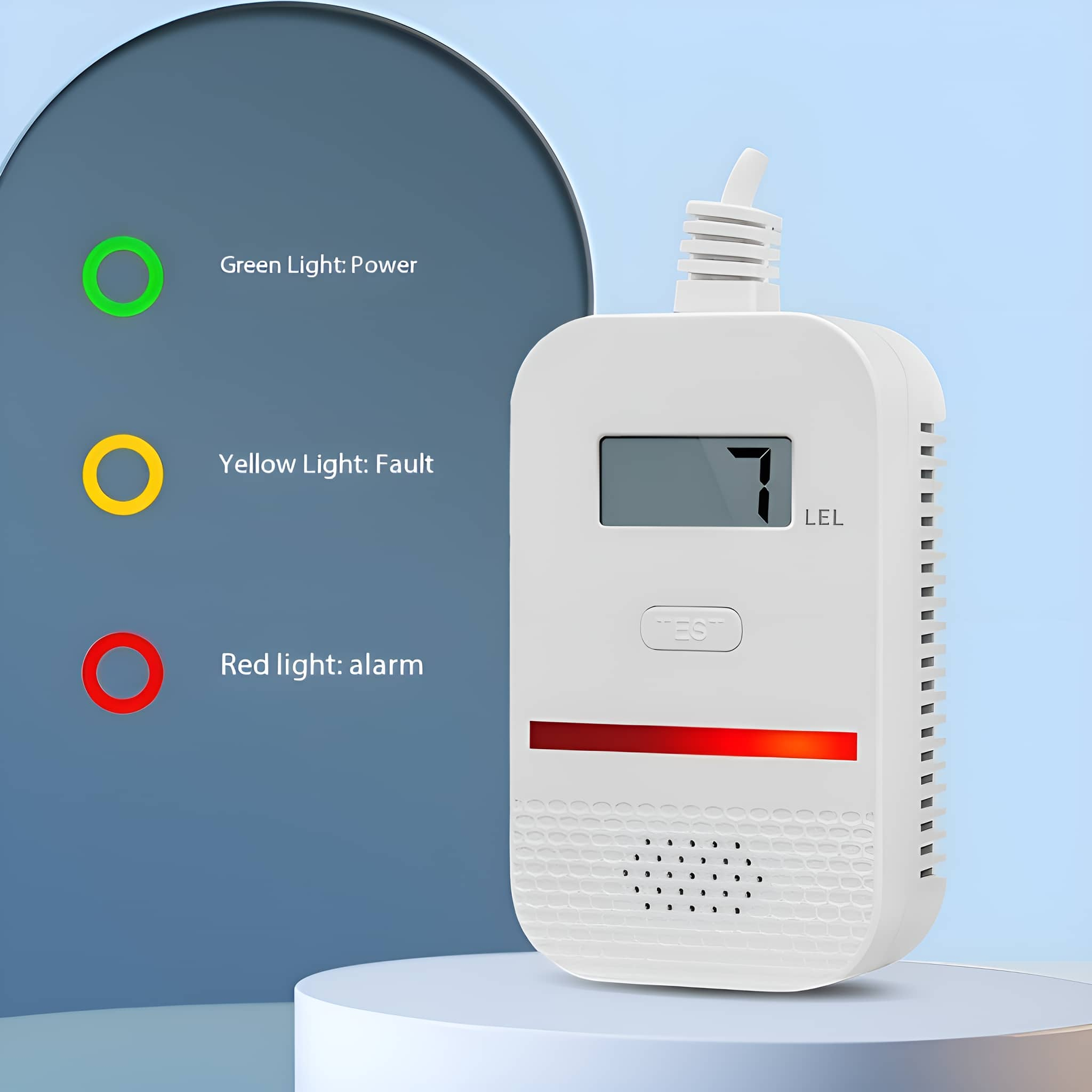 Weißer Gasdetektor mit Lichtern für Strom, Fehler und Alarm. Blauer Hintergrund.