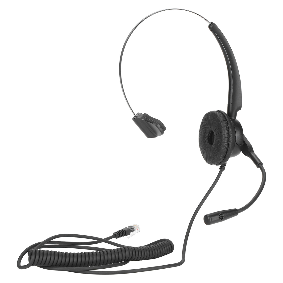 Schwarzes Headset mit flexiblem Mikrofonarm und Spiralkabel. Weißer Hintergrund.