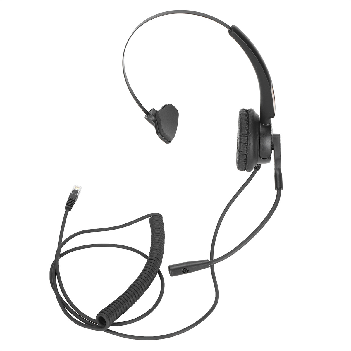 Schwarzes Headset mit Mikrofon und Spiralkabel, isoliert auf weißem Hintergrund.