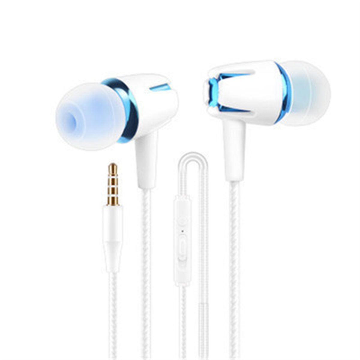 Weiße und blaue Ohrhörer mit weißem Kabel. Das Kabel hat eine Steuertaste. Der Hintergrund ist weiß.
