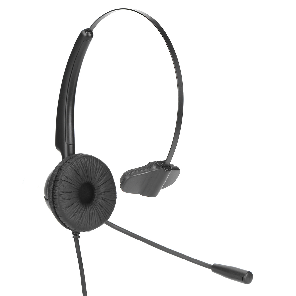 Schwarzes Headset mit flexiblem Mikrofonarm und einzelner Ohrmuschel, vor weißem Hintergrund.