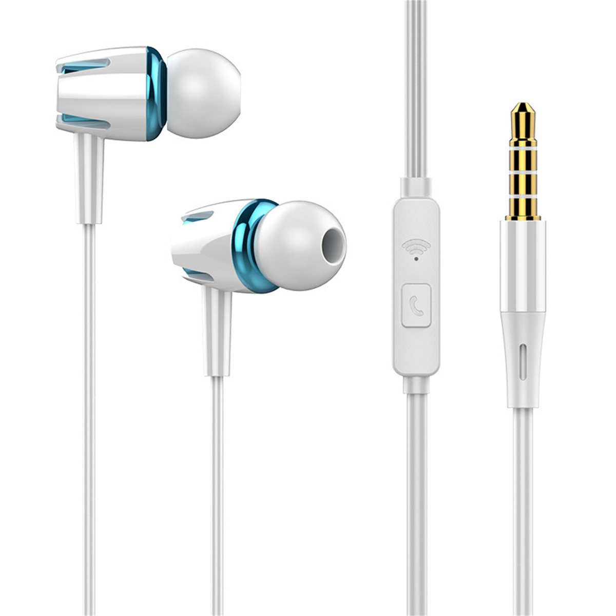Weiße und blaue Ohrhörer mit Kabel, Steuertaste und Kopfhöreranschluss.