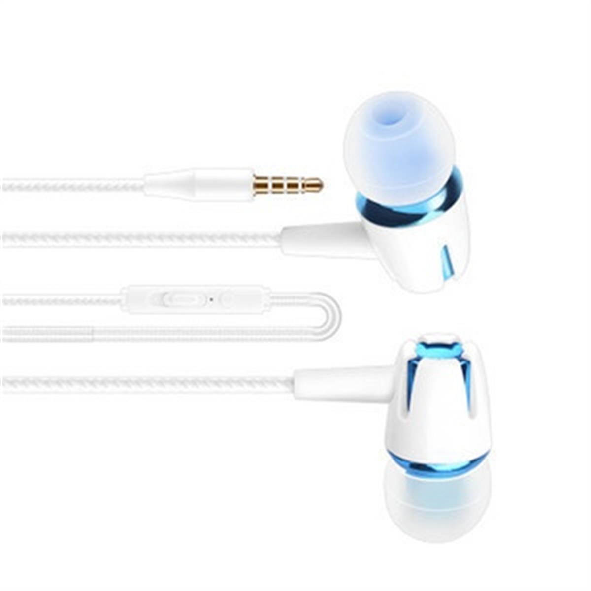 Weiße und blaue In-Ear-Kopfhörer mit weißem Kabel und Steuermodul.