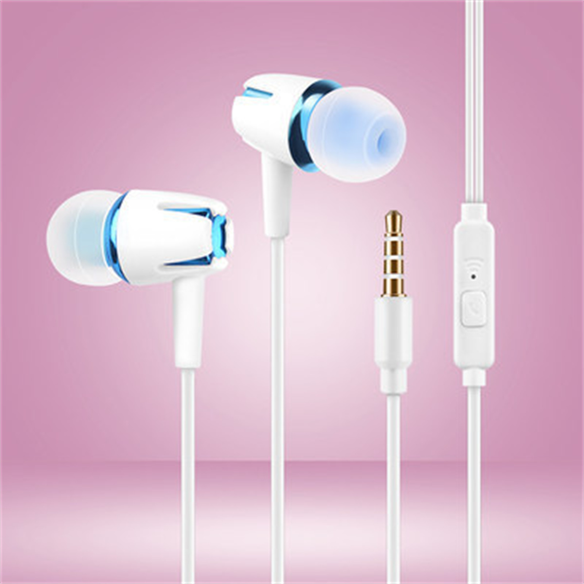 Weiße Ohrhörer mit blauen Akzenten, weißem Kabel und Controller.
