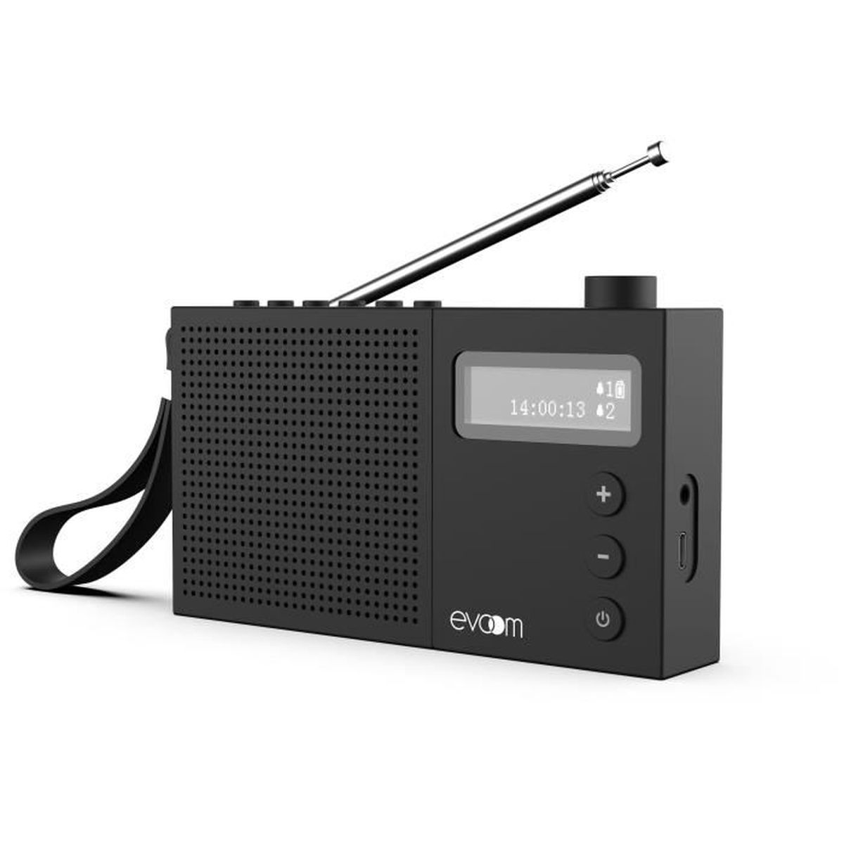 Radio nera con antenna. Un piccolo schermo mostra l'ora e la stazione.