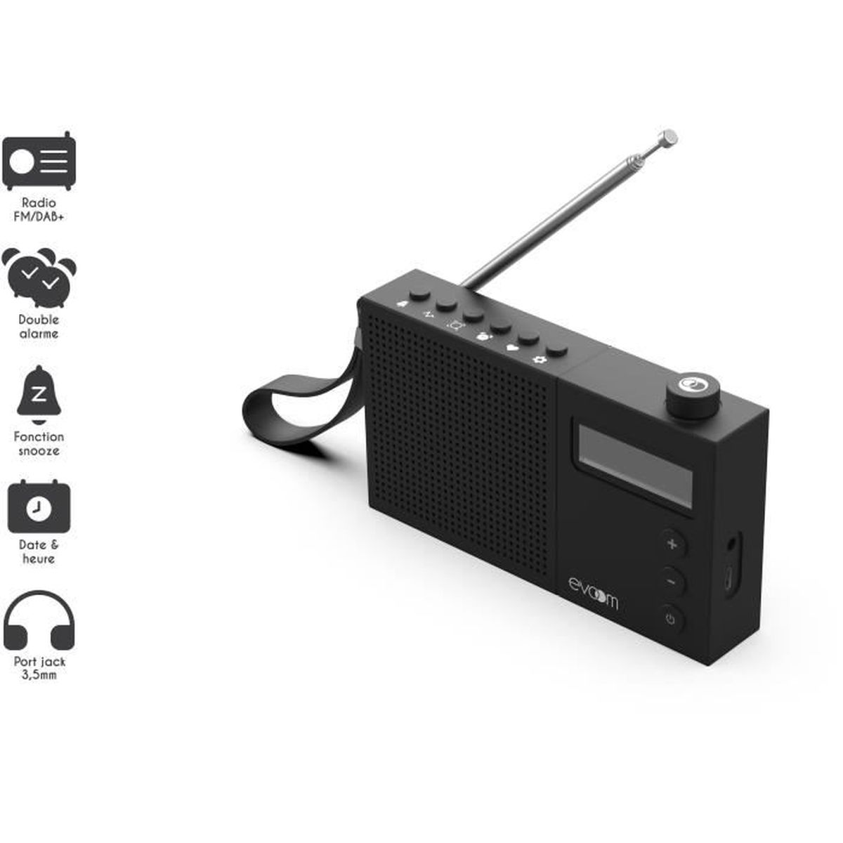 Radio nera con antenna, pulsanti e schermo. Caratteristiche: FM/DAB+, doppia sveglia, snooze e porta da 3,5 mm.