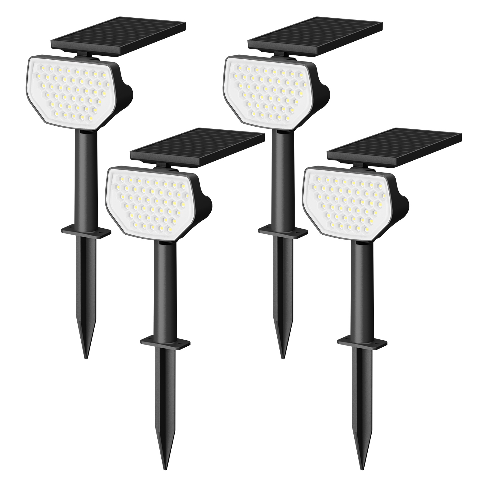 Vier schwarze Solar-Scheinwerfer mit weißen LED-Leuchten und schwarzen Solarpanels.