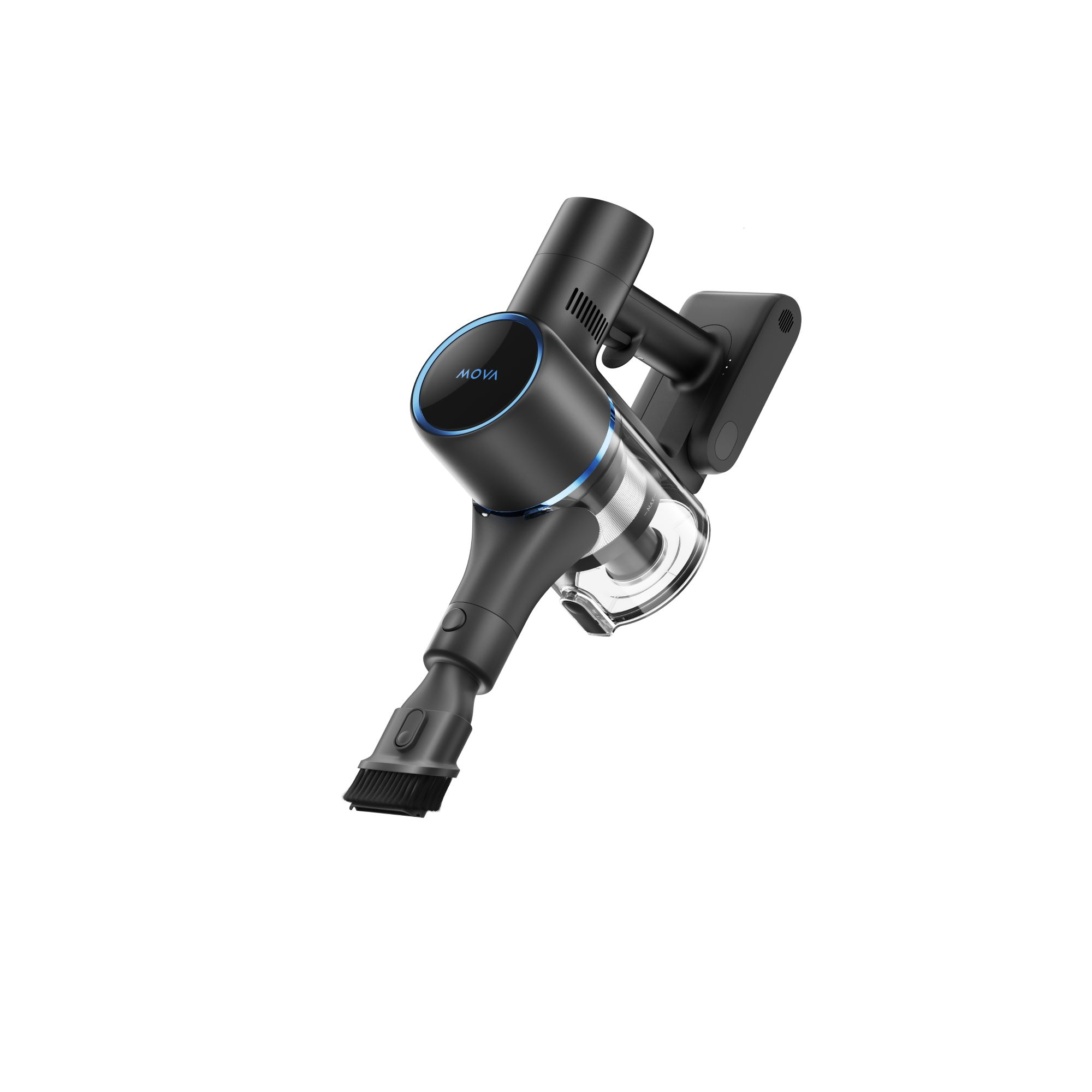 Czarny odkurzacz bezprzewodowy MOVA z niebieskimi akcentami. Na białym tle.