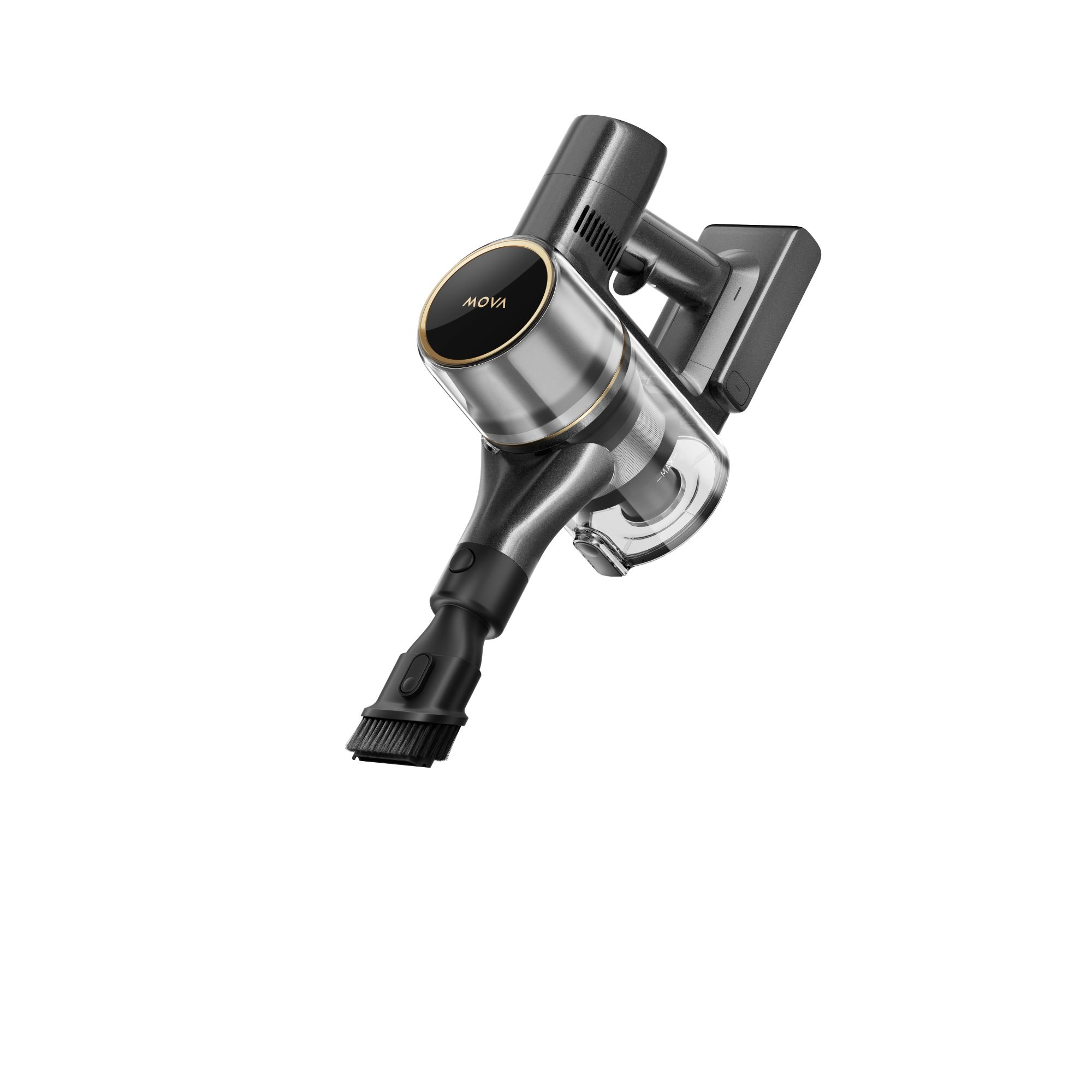 Bezprzewodowy odkurzacz w kolorze czarnym i srebrnym. Ma uchwyt i nasadkę szczotkową.