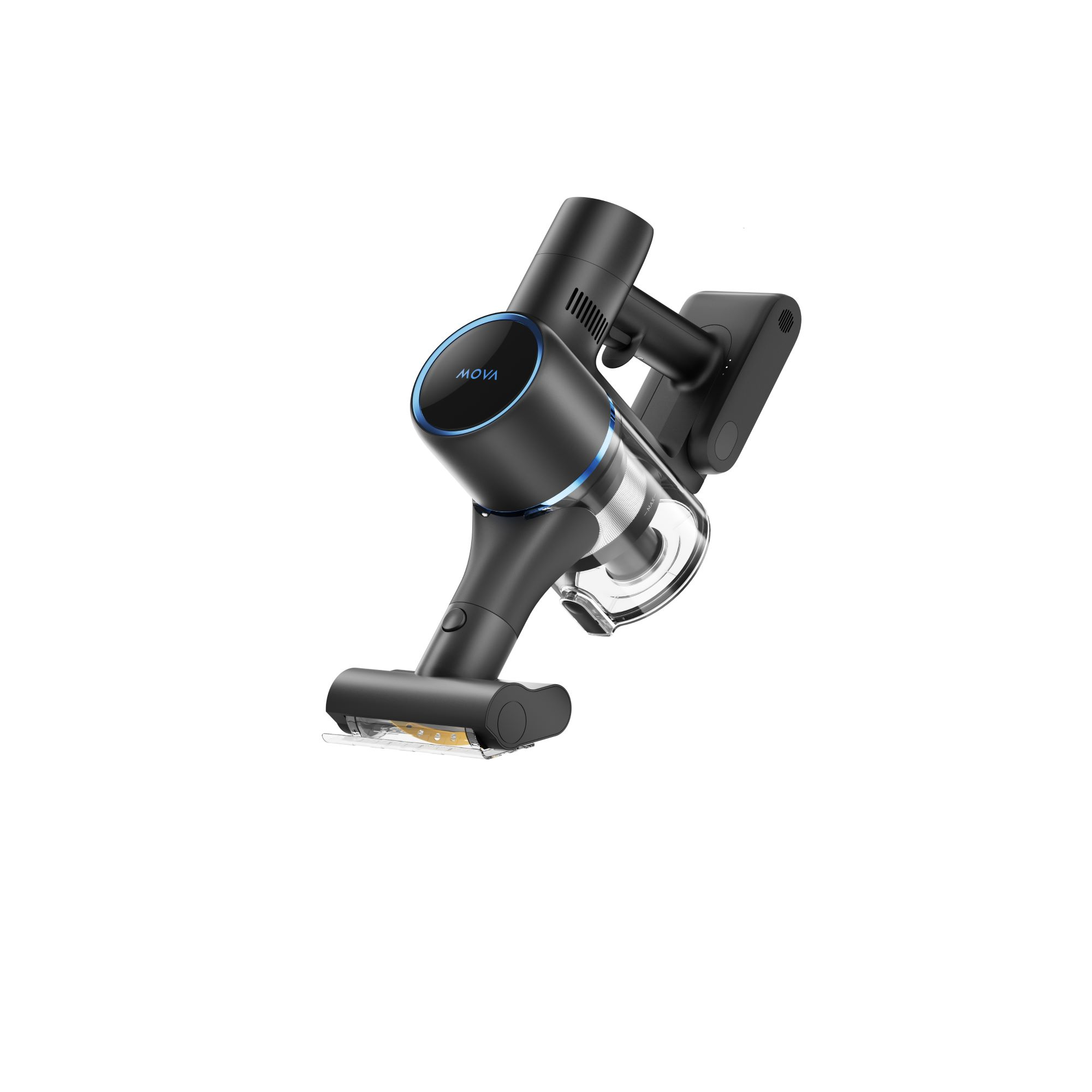 Bezprzewodowy odkurzacz w kolorze czarno-szarym, ze szczegółowym widokiem części.