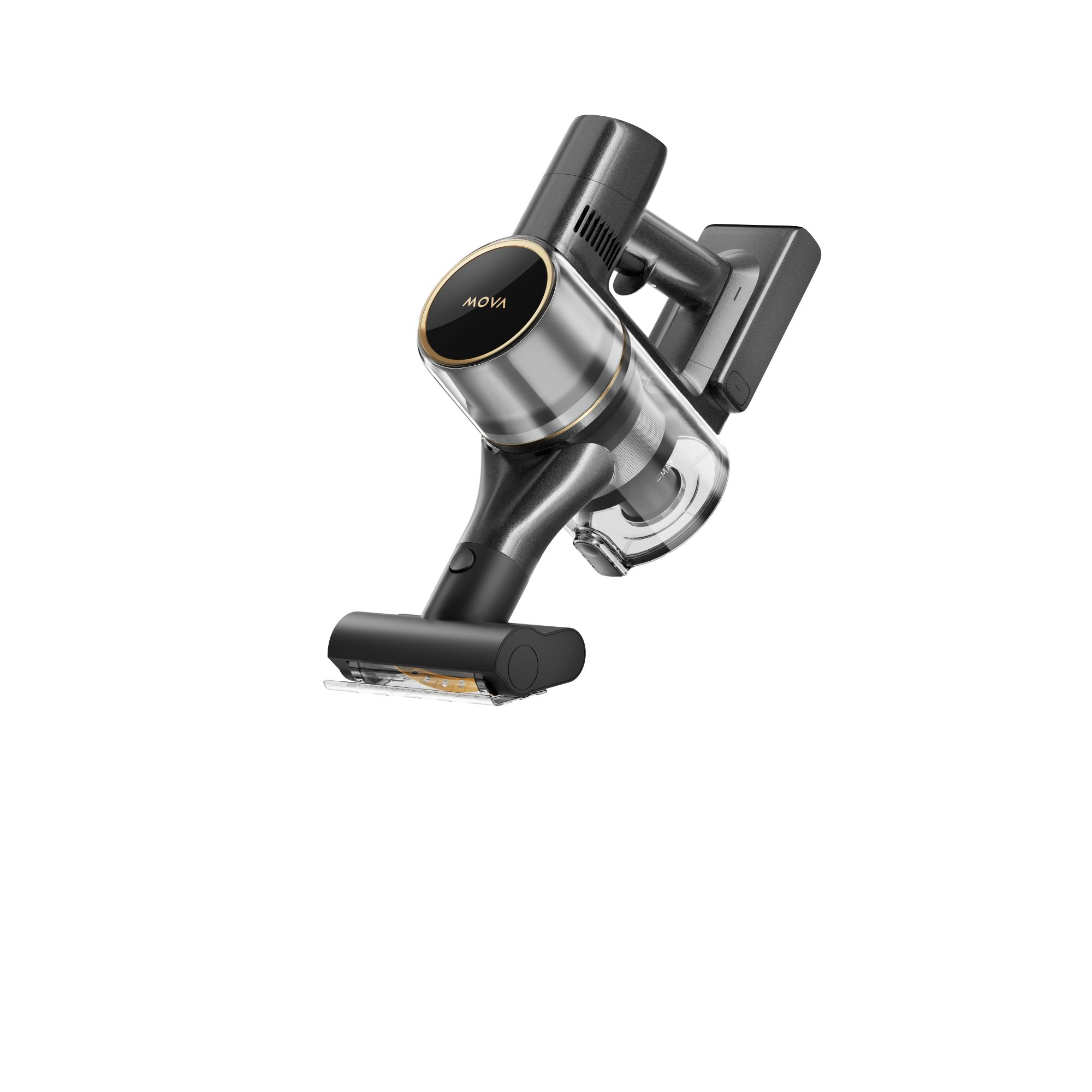 Czarny i srebrny odkurzacz ze złotymi akcentami, ustawiony pod kątem na białym tle.