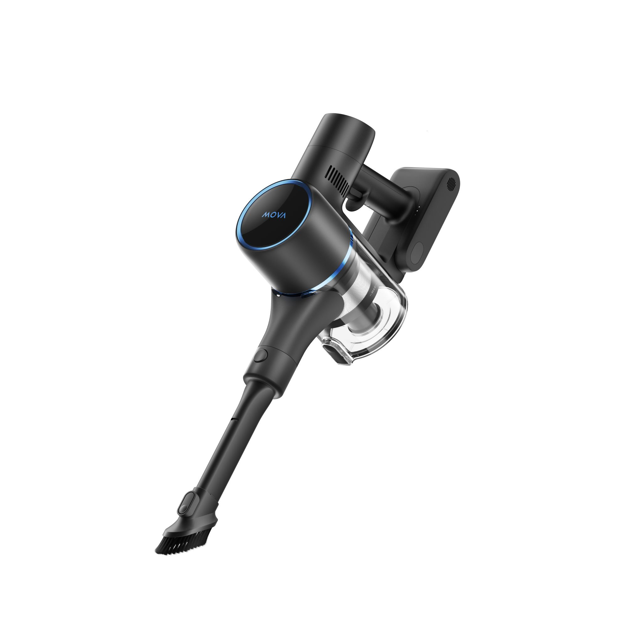 Czarny bezprzewodowy odkurzacz na białym tle. Odkurzacz ma niebieskie akcenty.