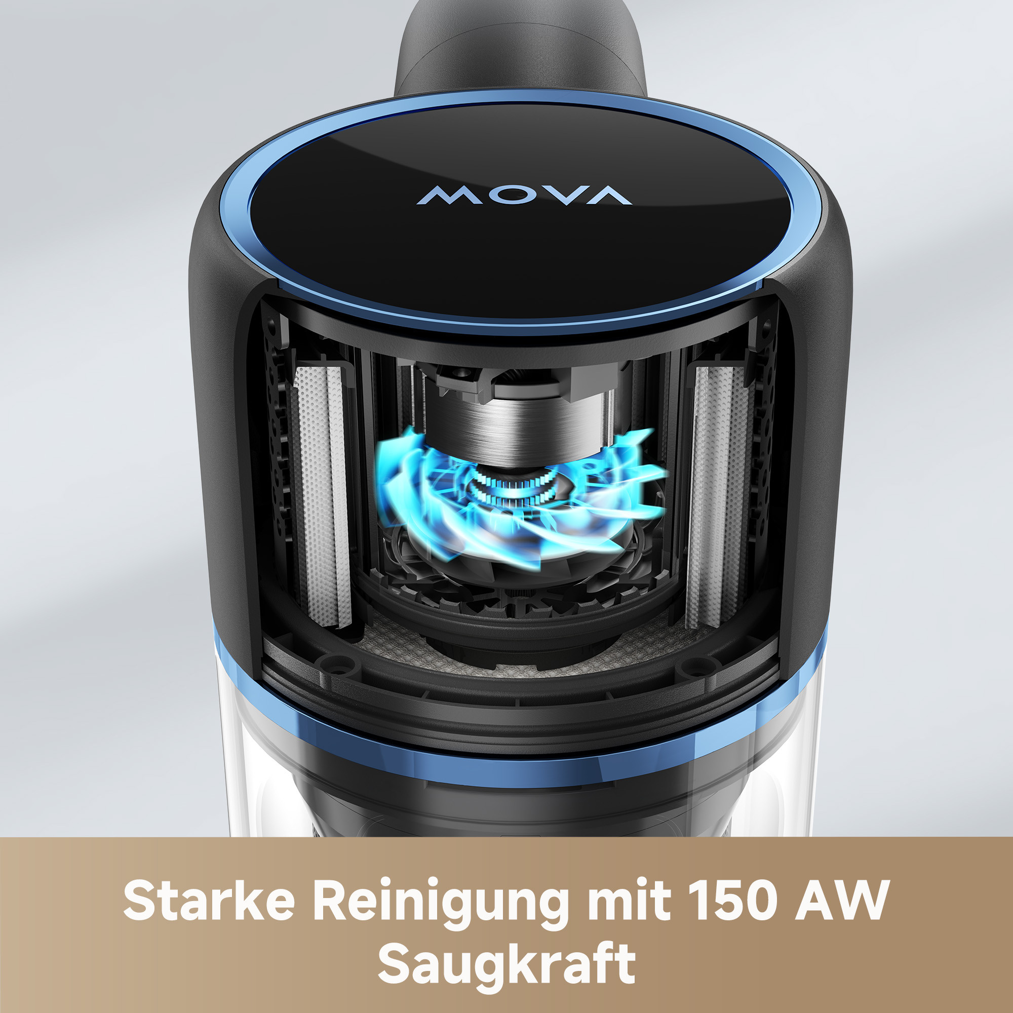 Nahaufnahme eines Staubsaugers, der den inneren Mechanismus und blaue Akzente zeigt.