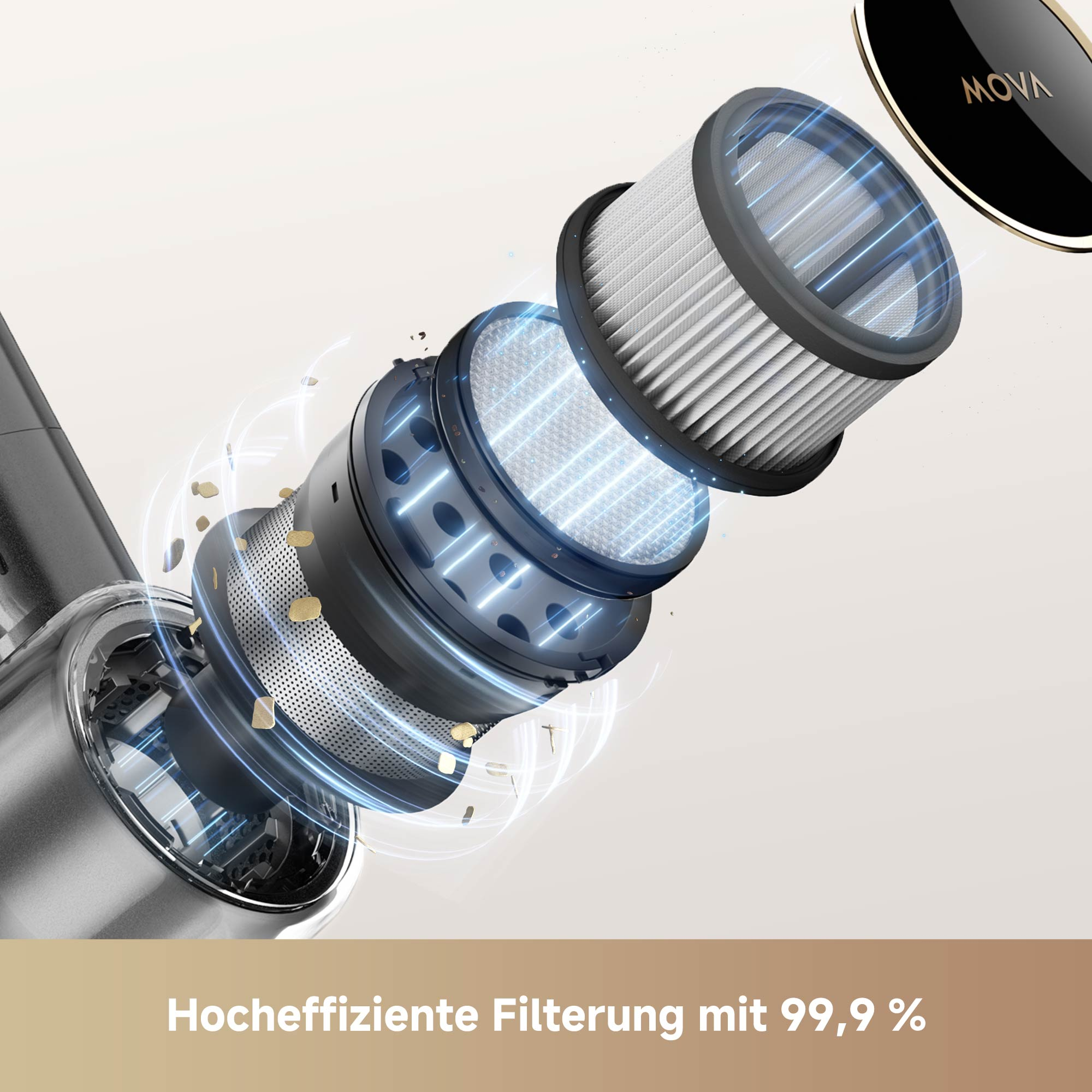 Schnittansicht eines Staubsaugers, die die Filteranlage zeigt.