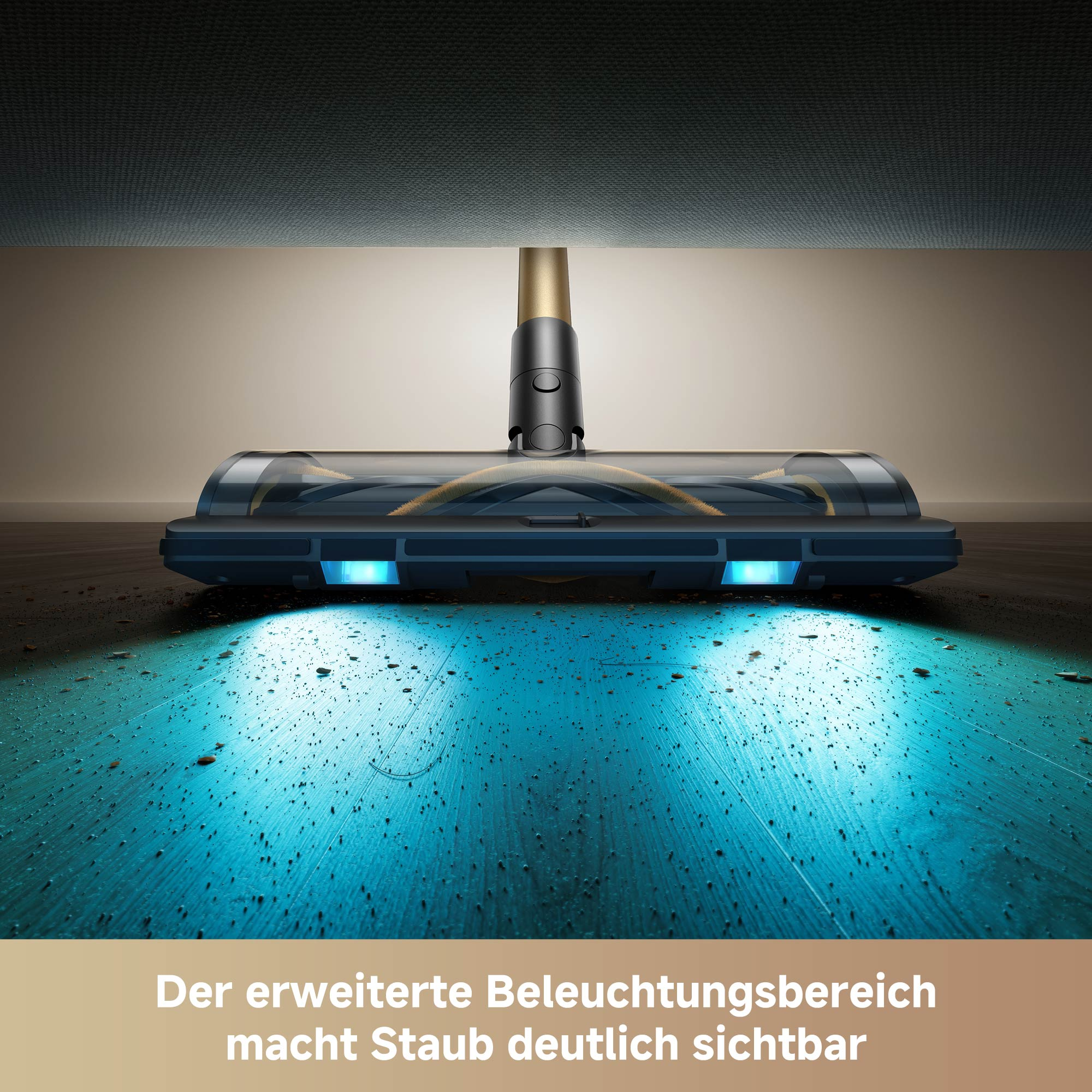 Odkurzacz z niebieskimi światłami pokazujący obszar czyszczenia.