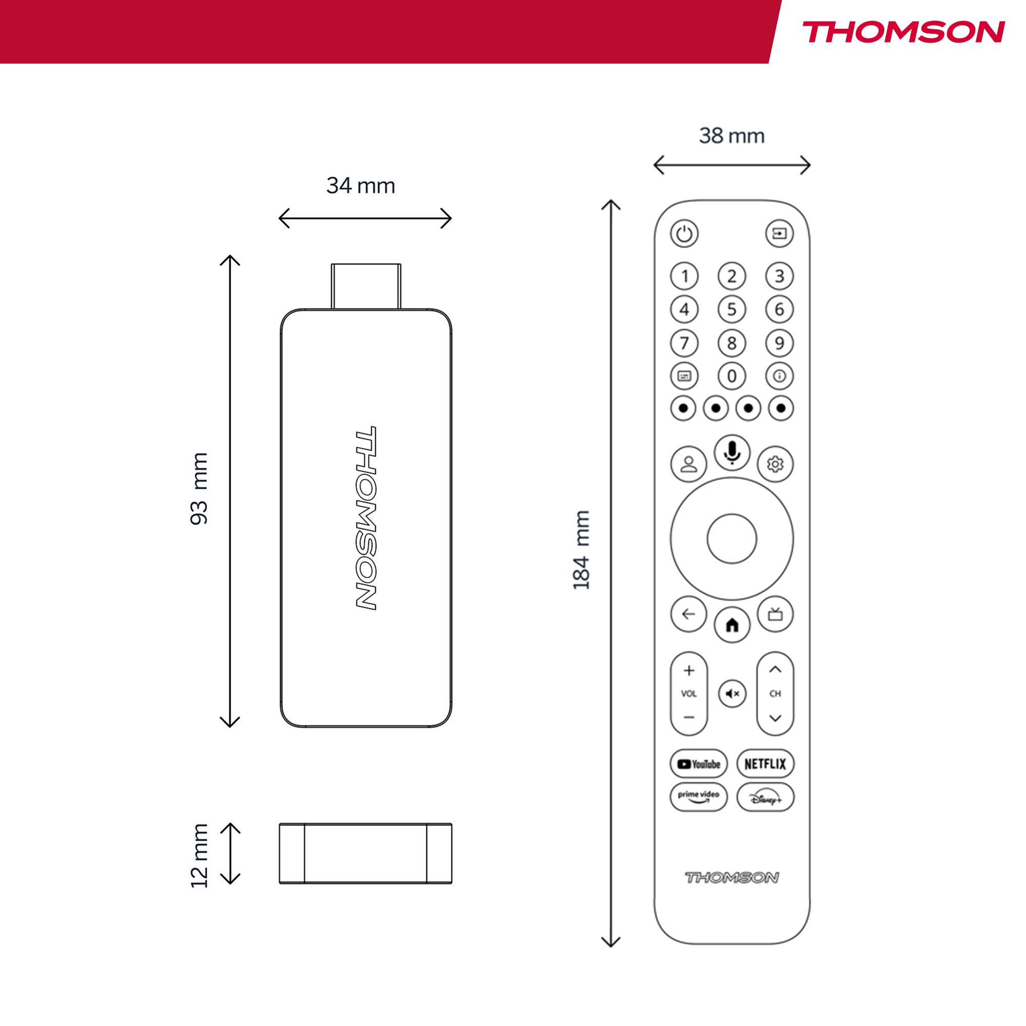 A Thomson streaming stick and remote control with dimensions shown on a white background.