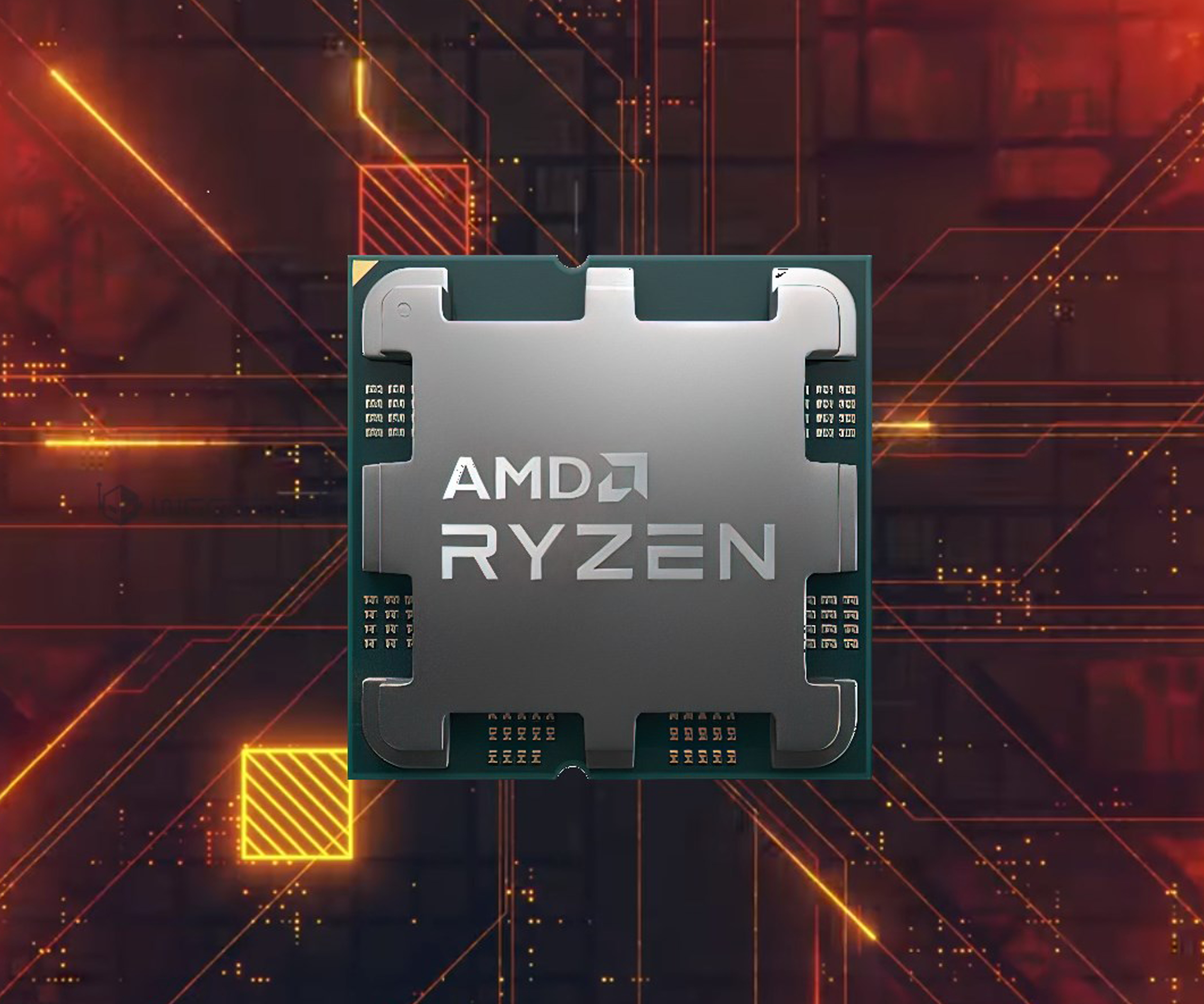 Nahaufnahme einer AMD Ryzen CPU. Der Prozessor ist silberfarben, mit goldenen und orangen Akzenten.