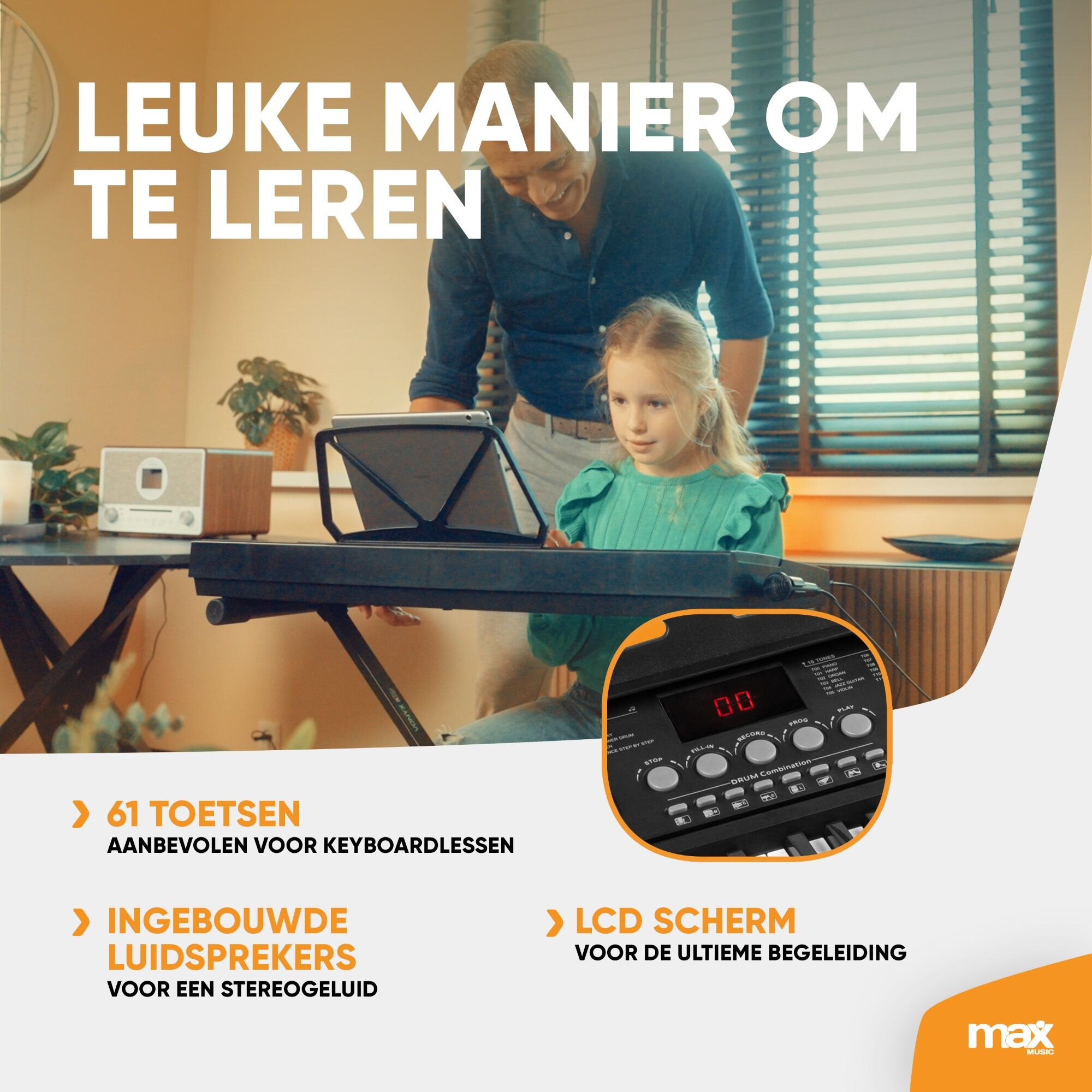 Een man en een meisje leren piano spelen. Tekst: 'Leuke manier om te leren'.
