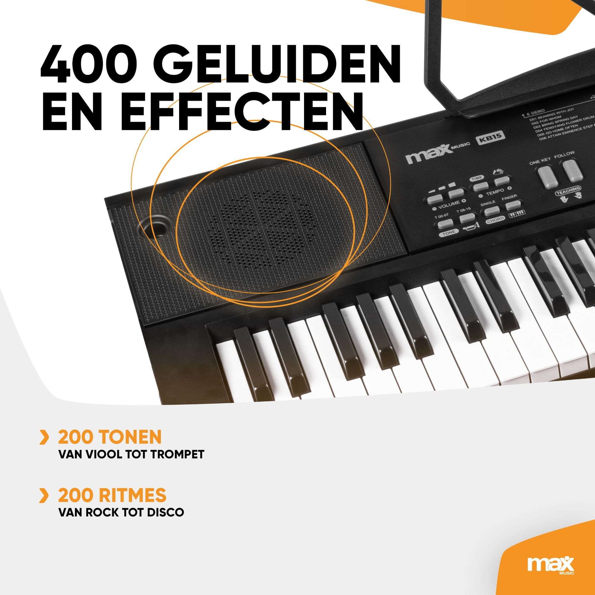 Zwart toetsenbord met witte toetsen en bedieningspaneel. Tekst: 400 geluiden en effecten.