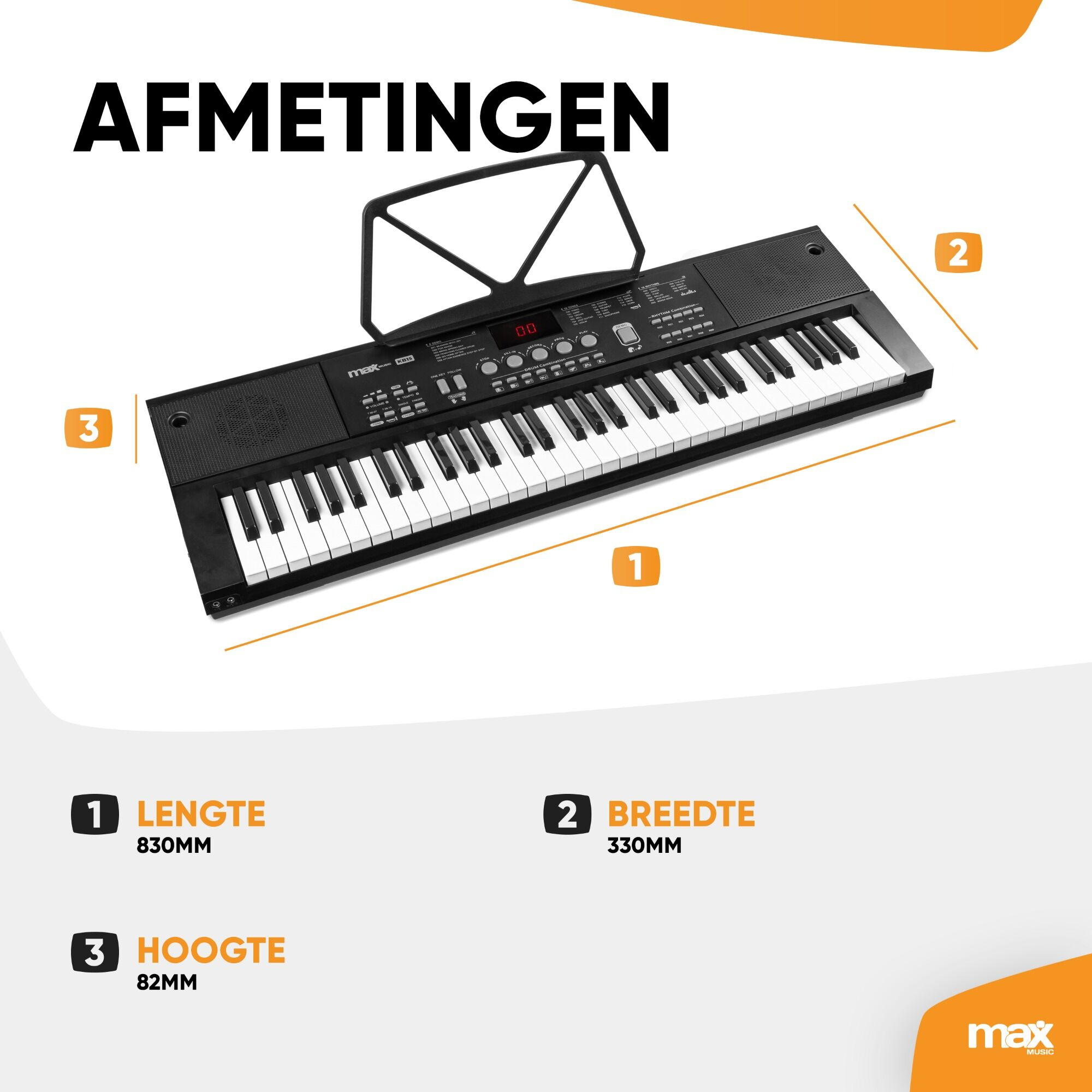 Een zwart elektronisch keyboard met witte toetsen en bedieningselementen. Afmetingen zijn in millimeters aangegeven.