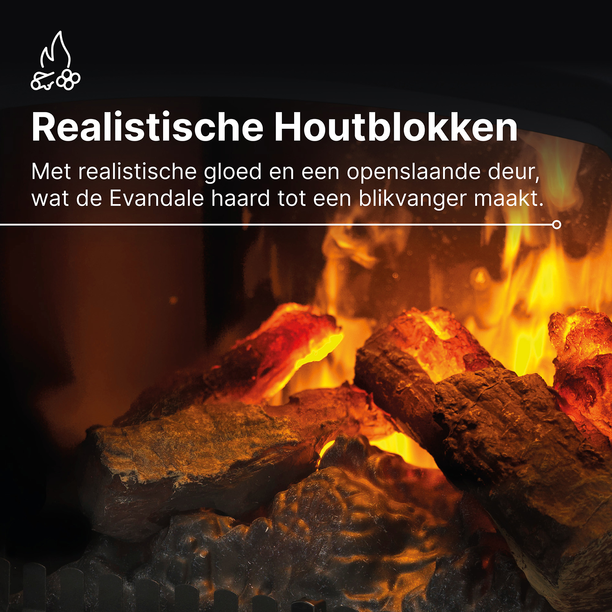 Fireplace with realistic wood logs. The logs are glowing. The background is dark. Text: realistic wood blocks.