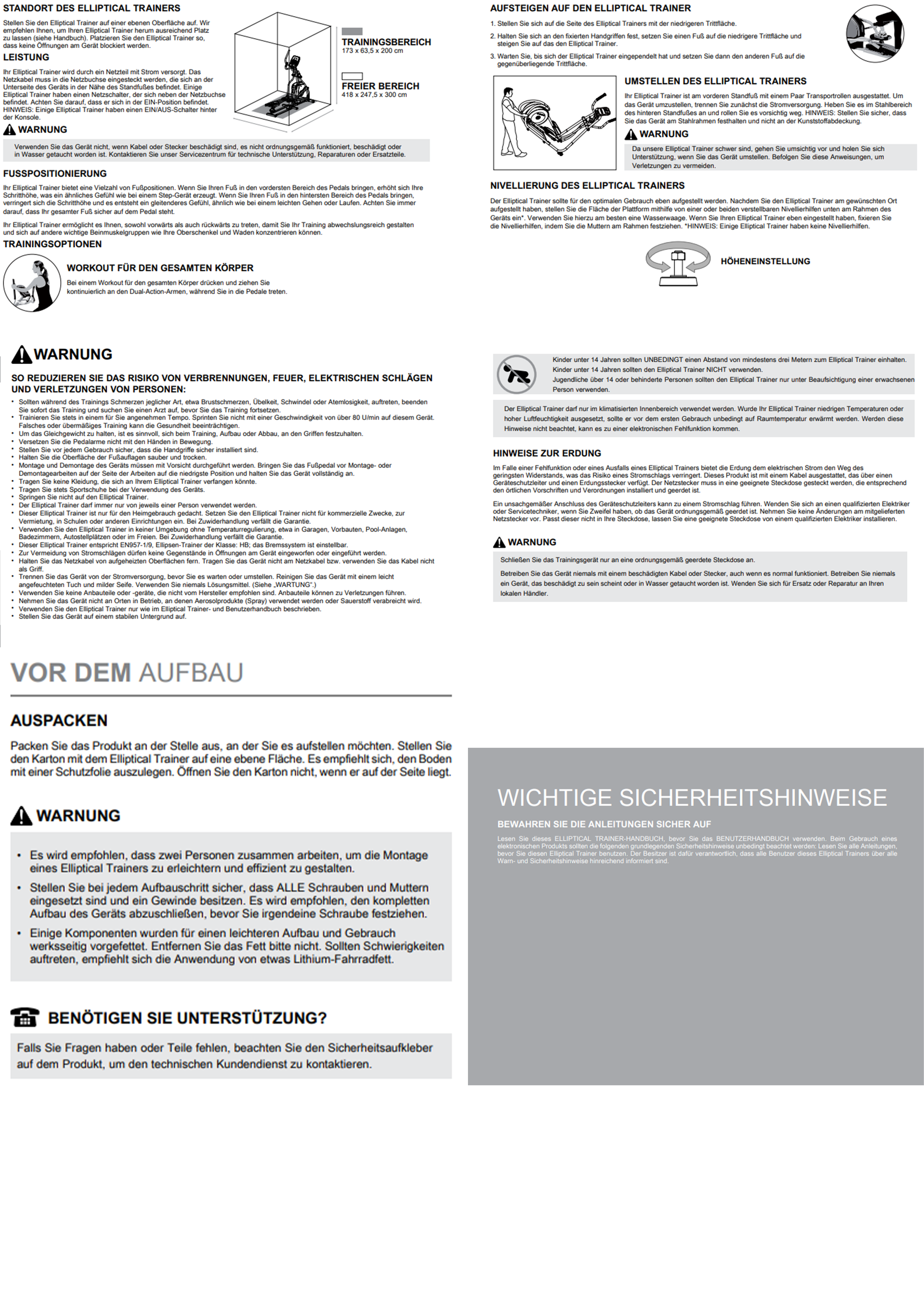 Benutzerhandbuch auf Deutsch für einen Elliptical Trainer mit Illustrationen und Sicherheitshinweisen.