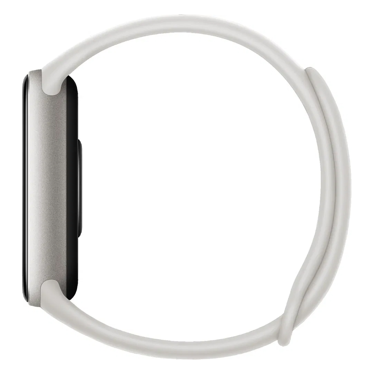 Una vista lateral de un reloj inteligente blanco con una correa blanca.