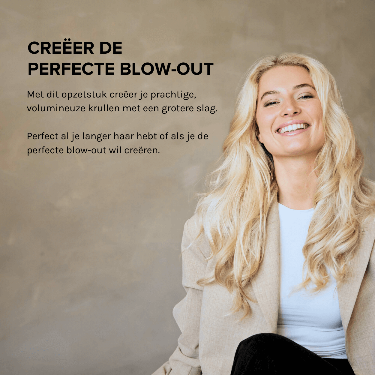 Mujer rubia sonriendo, chaqueta beige, texto sobre crear peinado perfecto. Fondo neutro.