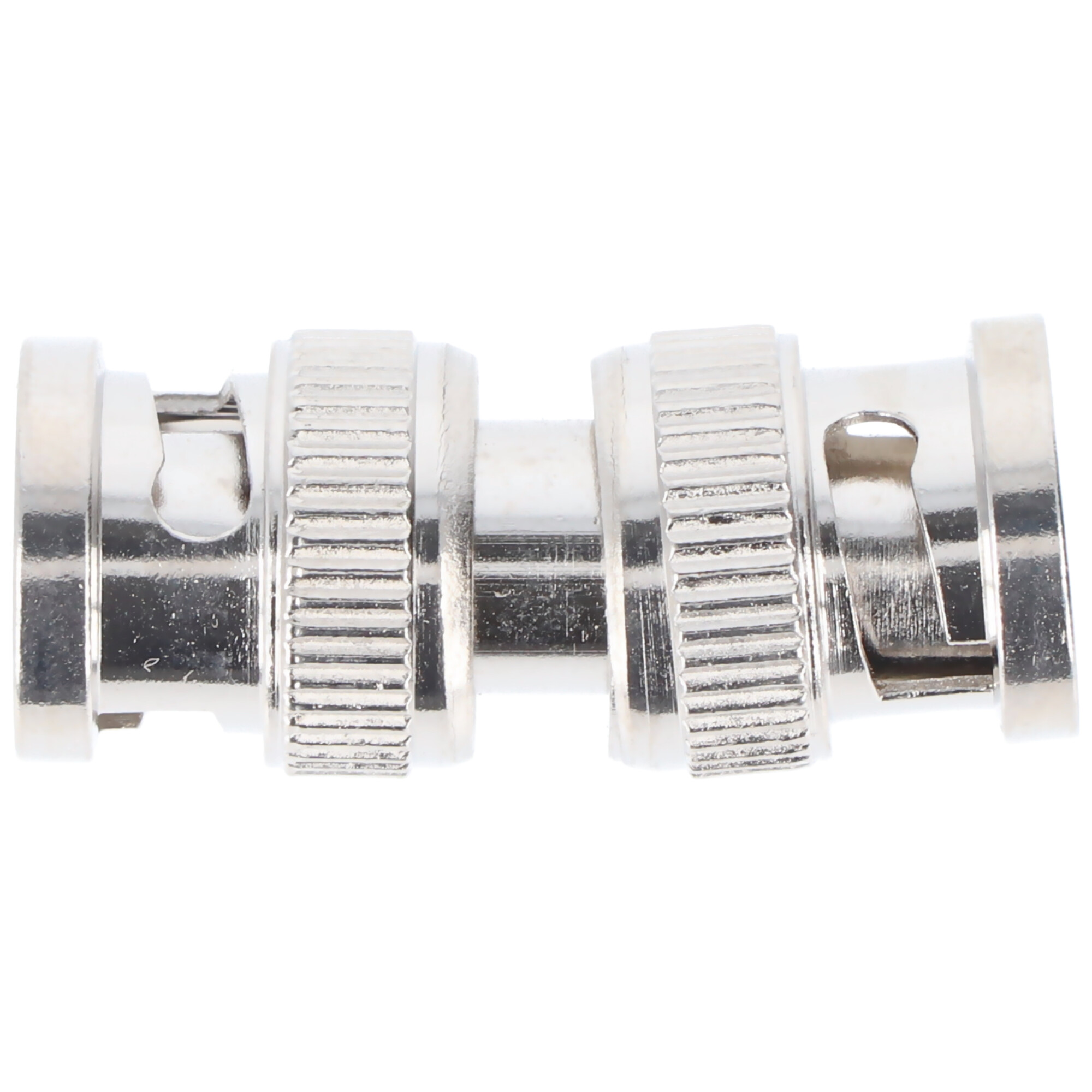 Zilveren BNC-connector, twee delen verbonden. De connector staat op een witte achtergrond.
