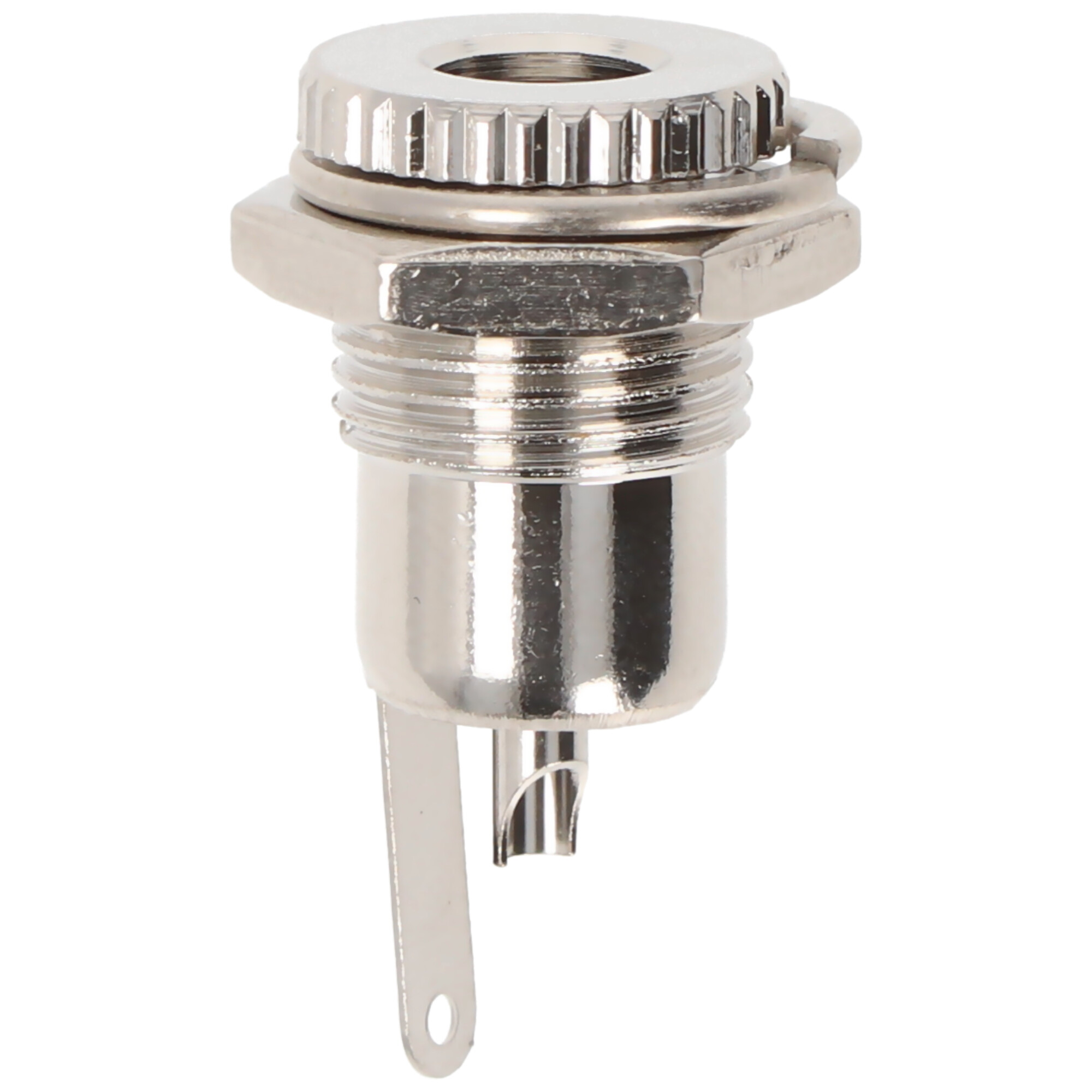 Close-up van een metalen vrouwelijke jack. De jack heeft een schroefdraad buitenschaal en een centerpin.