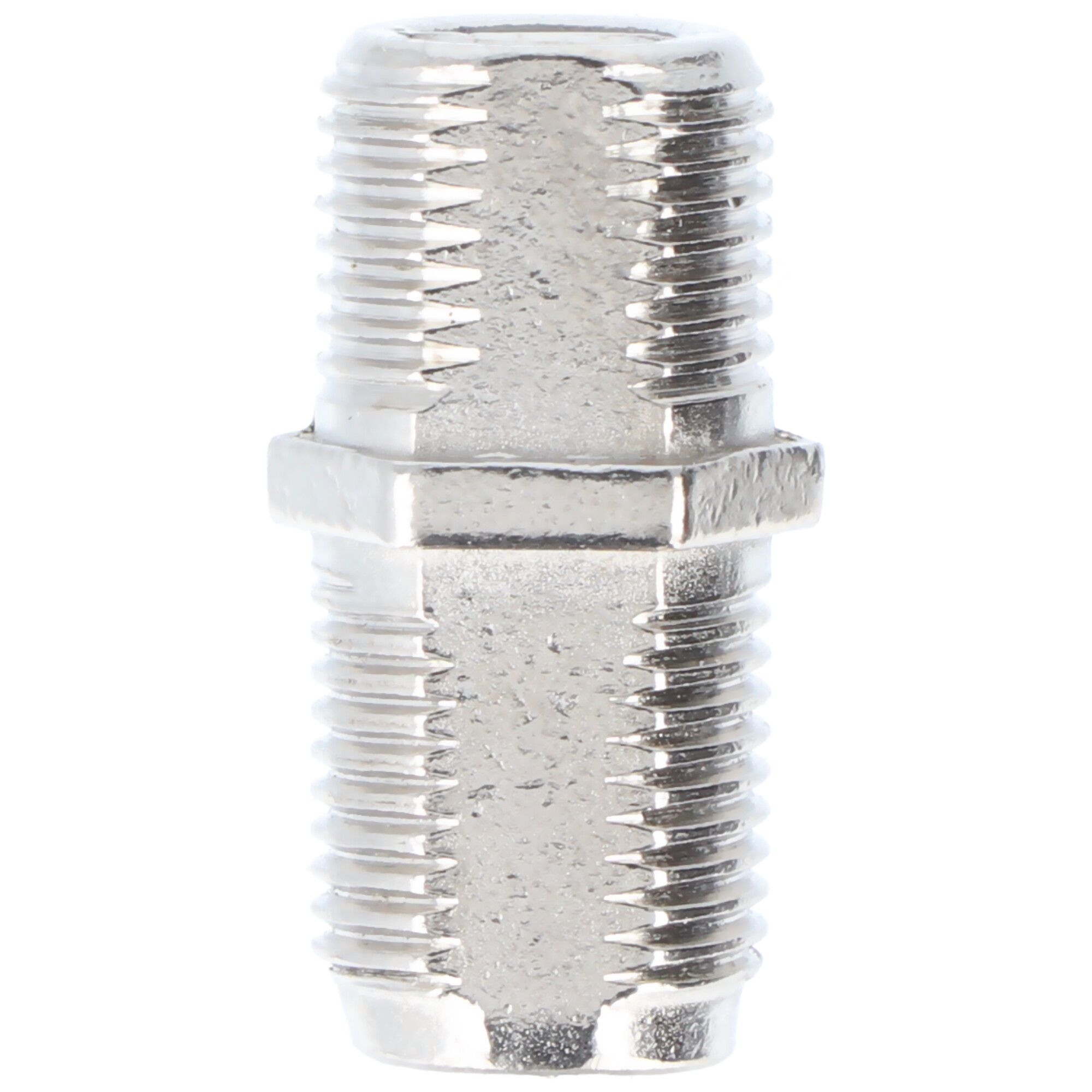 Een zilveren metalen connector met een schroefdraad en zeshoekig middendeel.