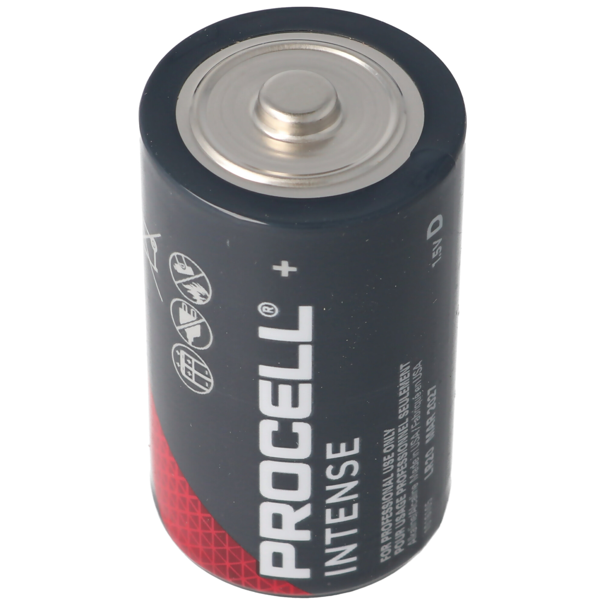 Una batteria nera e rossa, con un coperchio argentato. È una batteria Procell Intense. Testo: 1,5V D.