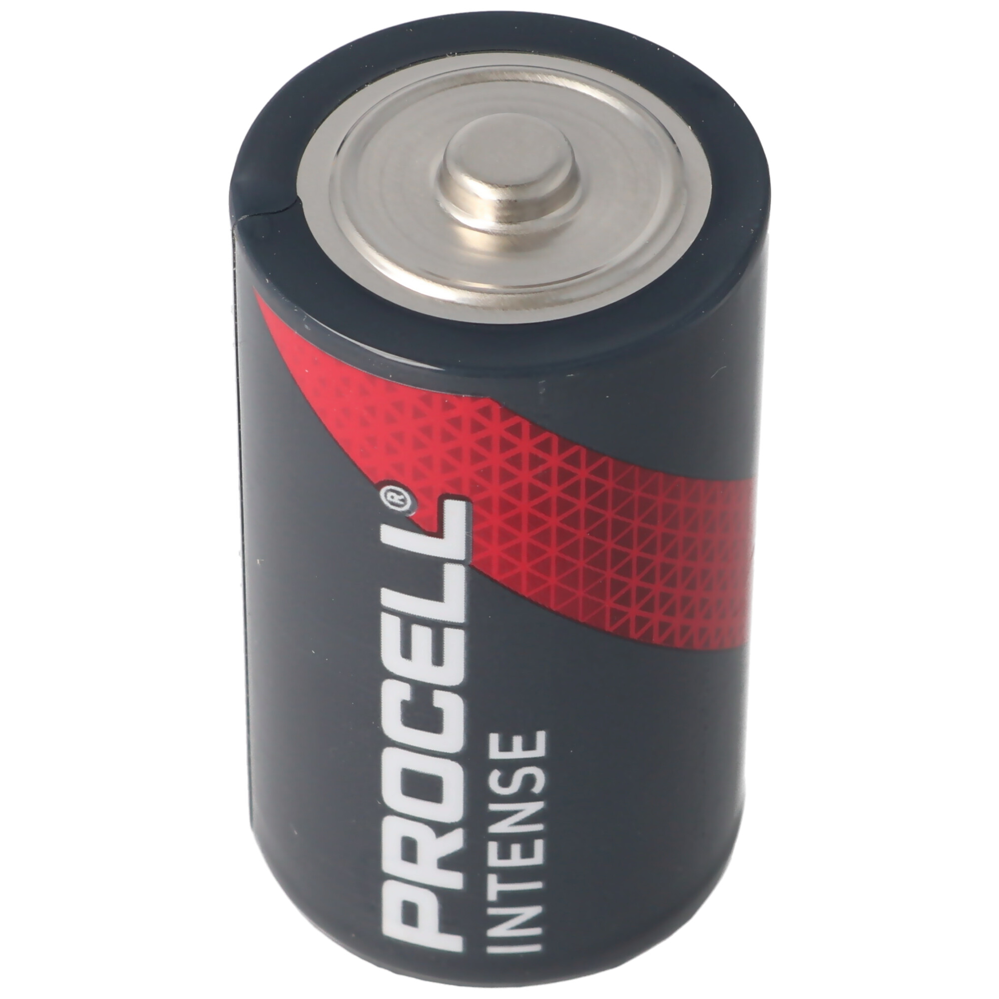 Una batteria cilindrica con corpo nero ed etichettatura rossa e bianca. La parte superiore è argentata.